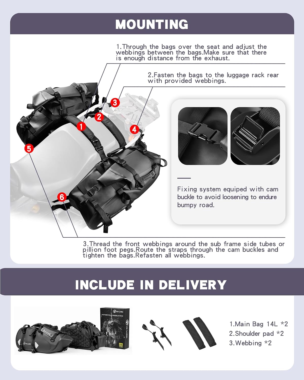 HI-LINE Motorcycle Saddlebags 28L(14L*2) Waterproof PVC
