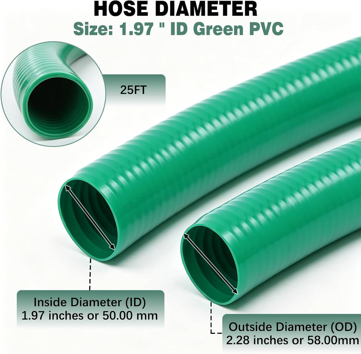 2 in x 25 ft PVC Suction Hose, 90 PSI Water Pump Hose for Water Transfer