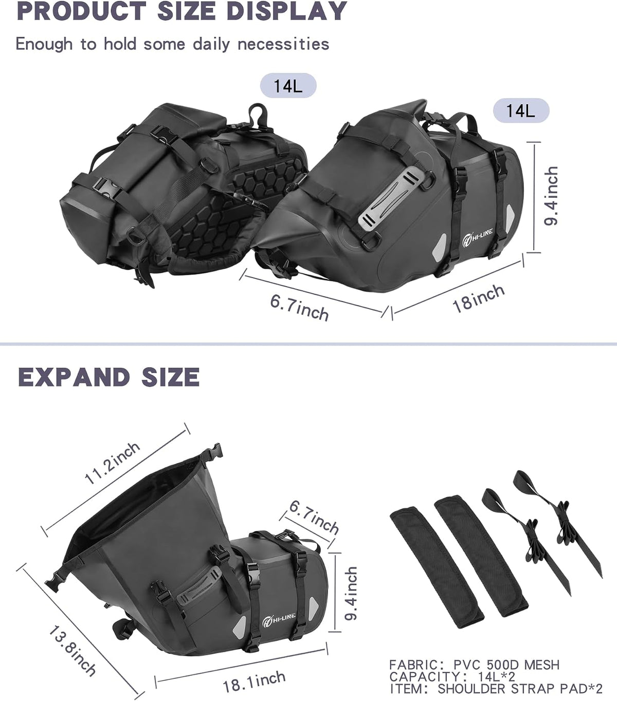 HI-LINE Motorcycle Saddlebags 28L(14L*2) Waterproof PVC