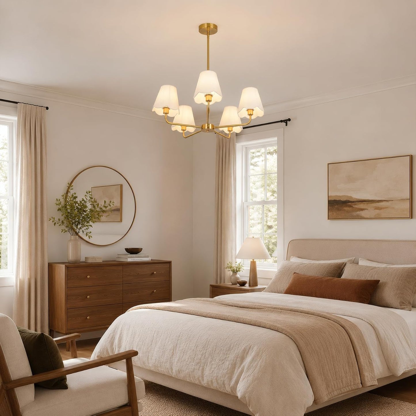 Fandian Brass Gold Chandeliers for Dining Room, 5 Light Antique Modern Chandelier Light Fixture with White Fabric Shade, Classic Kitchen Pendant Lights Over Table for Living Room Bedroom Foyer