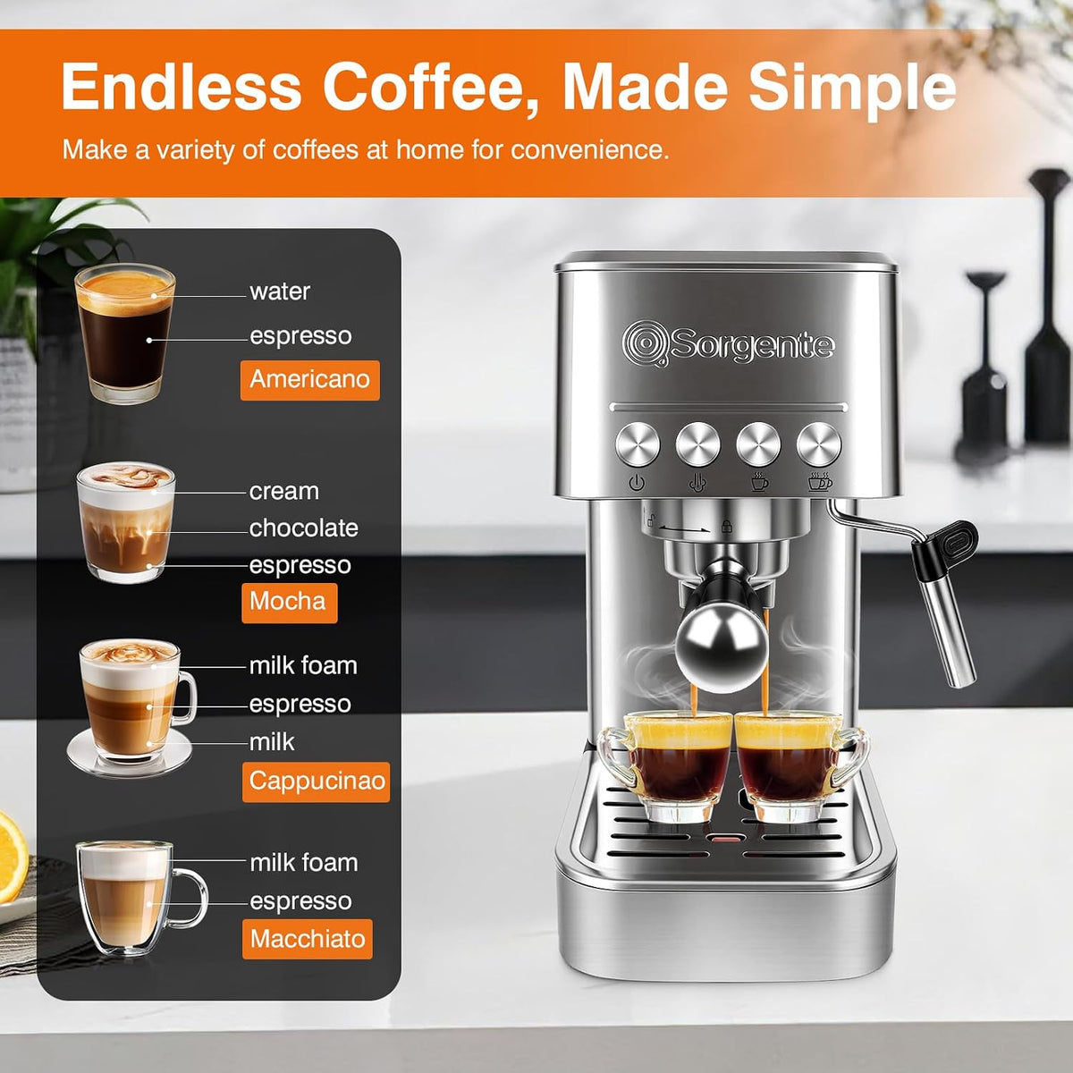 Sorgente 20 Bar Espresso Machine with Milk Frother & Latte Art Kit