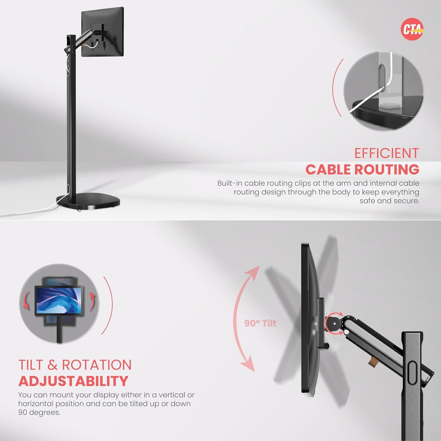 CTA Ergonomic Floor Stand for Monitors & TV’s Up to 35-inches & 22 lbs - Mobile Stand with Anti-Knockdown Base & Height Adjustable - Commercial Grade - Black - (ADD-MSADFSB)