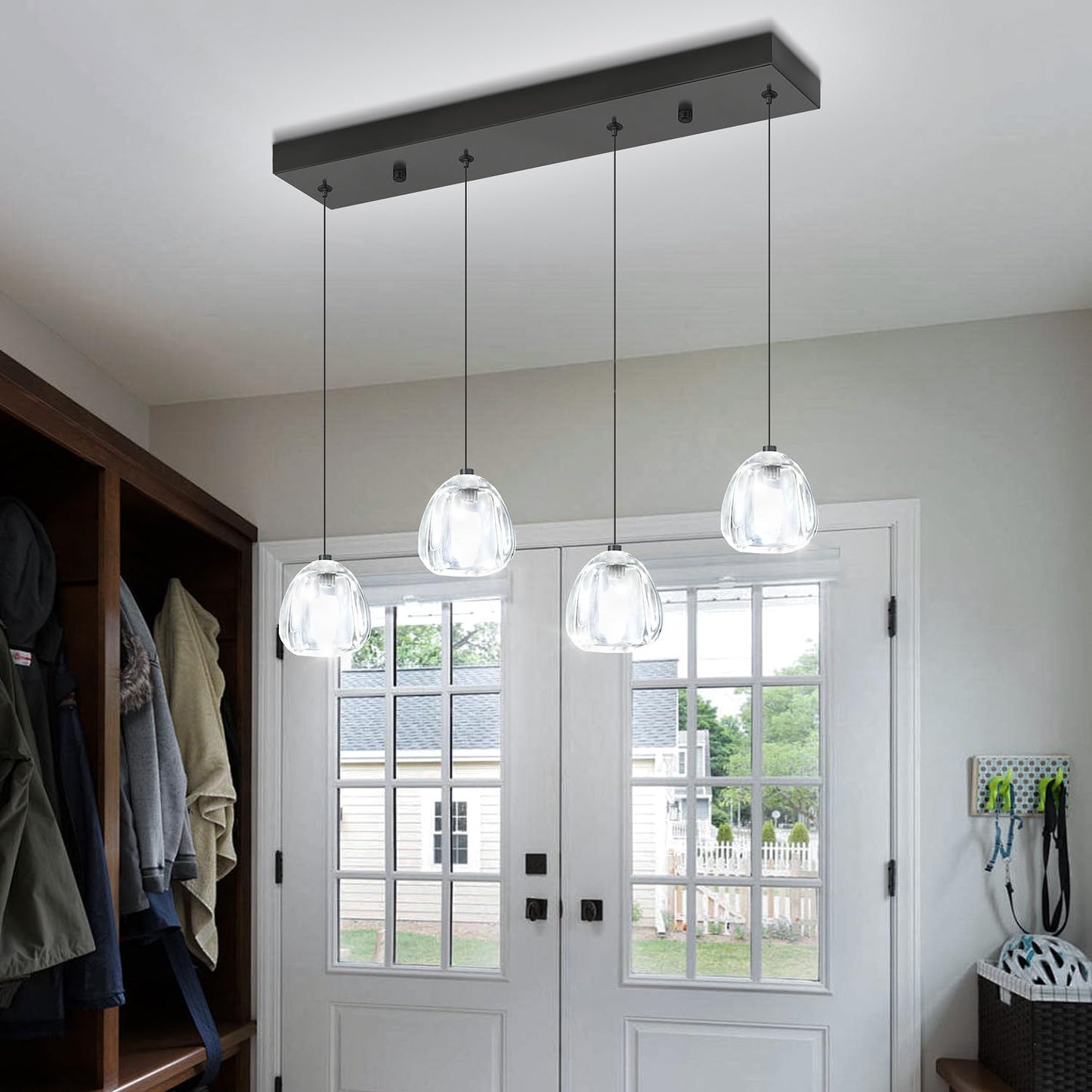 Crystal Kitchen Island Lights,4-Light Black Linear Chandeliers for Dining Room, Kitchen Pendant Lighting Over Island, Rectangular Chandelier for Bedroom Entryway Bathroom R Black Rectangle 4-light