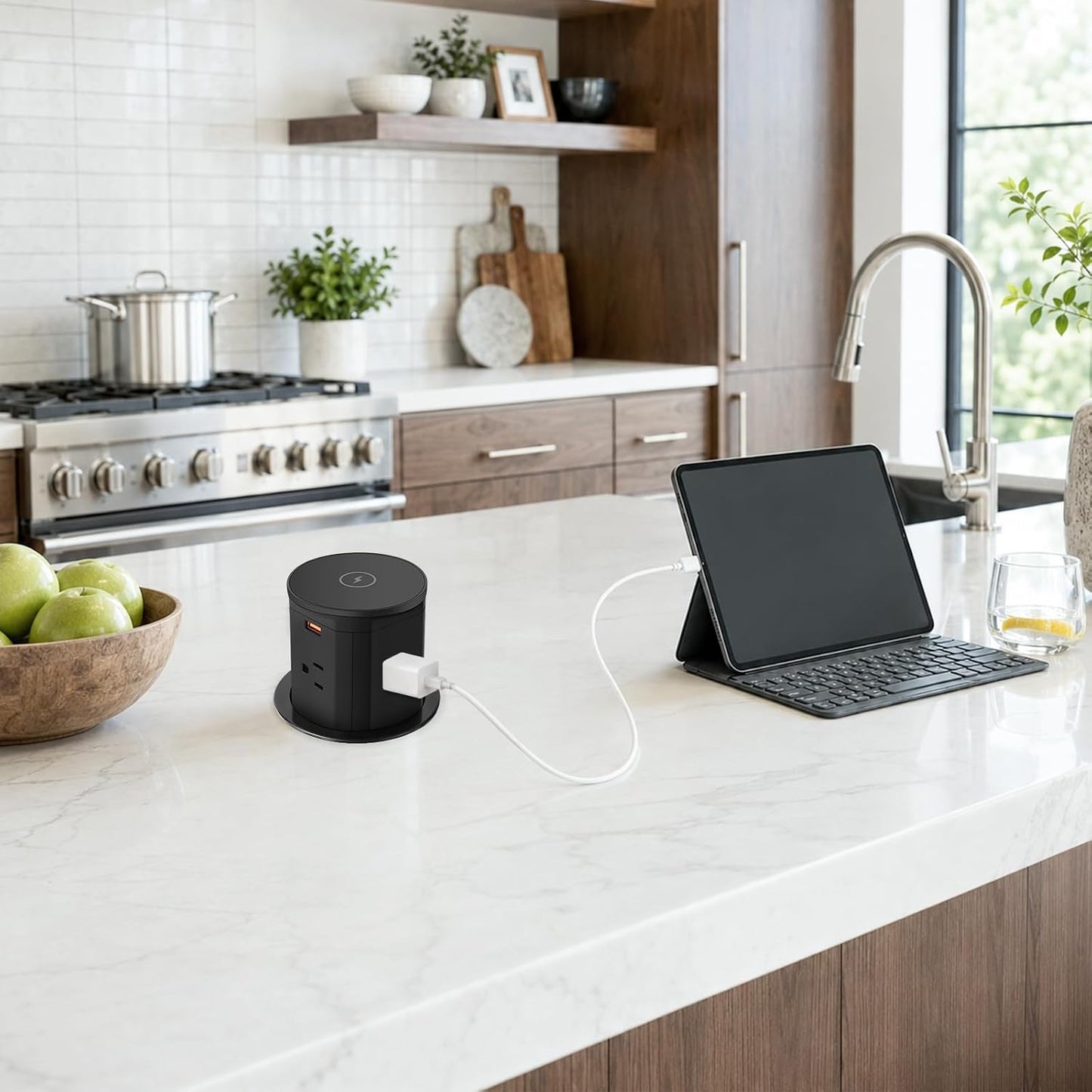 Pop Up Outlet with 15W Wireless Charger, 4 AC Outlets 1875W PD 30W Supercharging 2 USB-C Ports USB-A Ports, 3.35" Hole Desktop Power Grommet for Home Office (Black) 3.35-inch hole-black