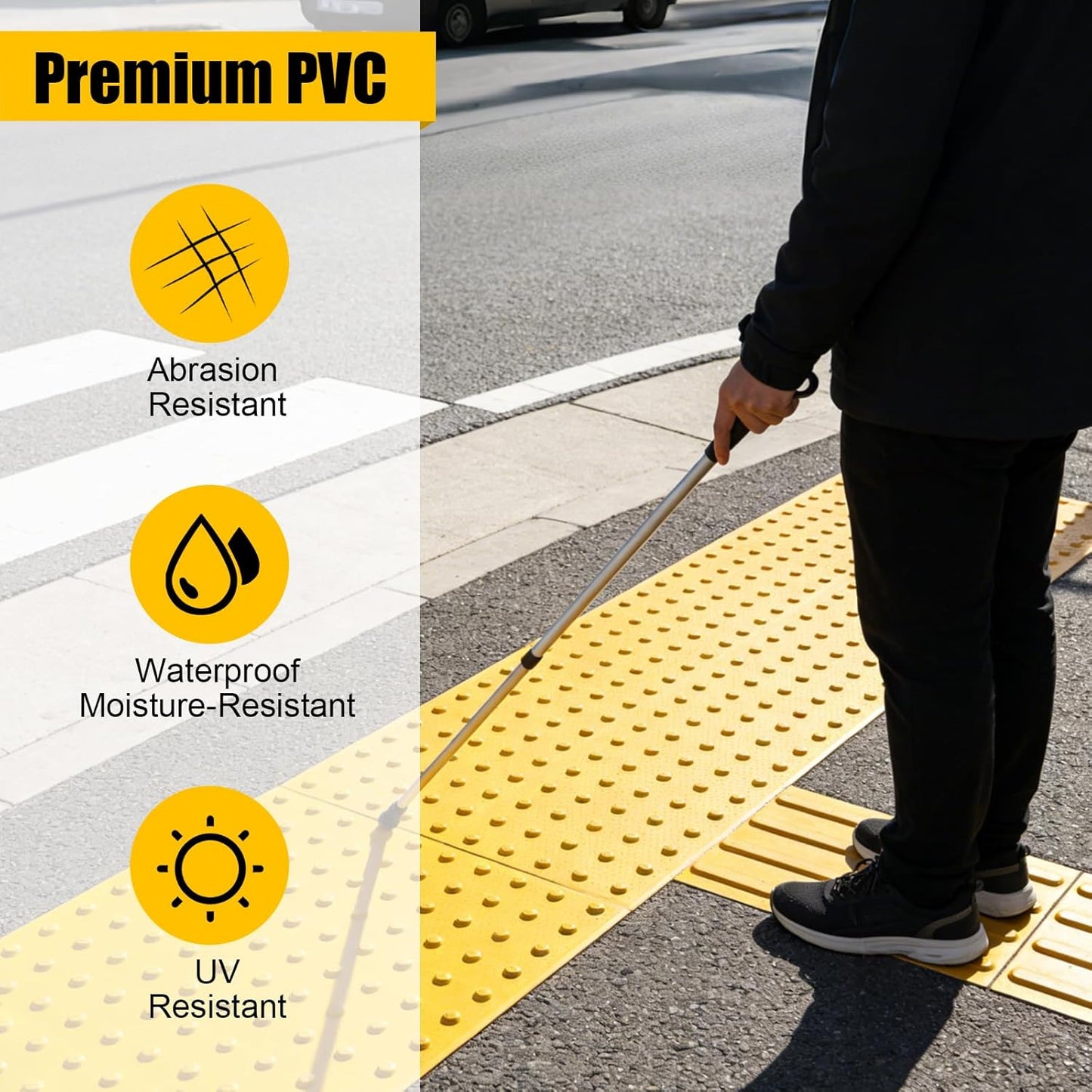 Tactile Warning Pad，ADA Warning Pads, 2x4 FT Vibrant Yellow PVC, Strip & Stick Adhesive Backing for for Outdoor Steps, Ramps, Transit Platforms