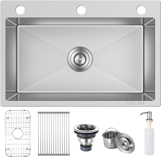 27-inch Drop-in Kitchen Sink , T304 Stainless Steel Kitchen Sink Single Bowl With 3 Holes, Soap Dips