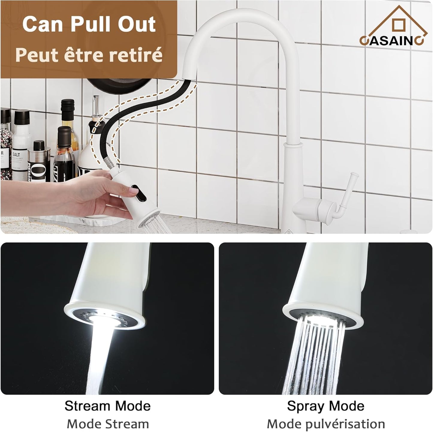 CASAINC Kitchen Faucet with Pull Down Sprayer Matte White with LED Function, 17.31in H Touchless 1.8 gpm Single Handle Kitche