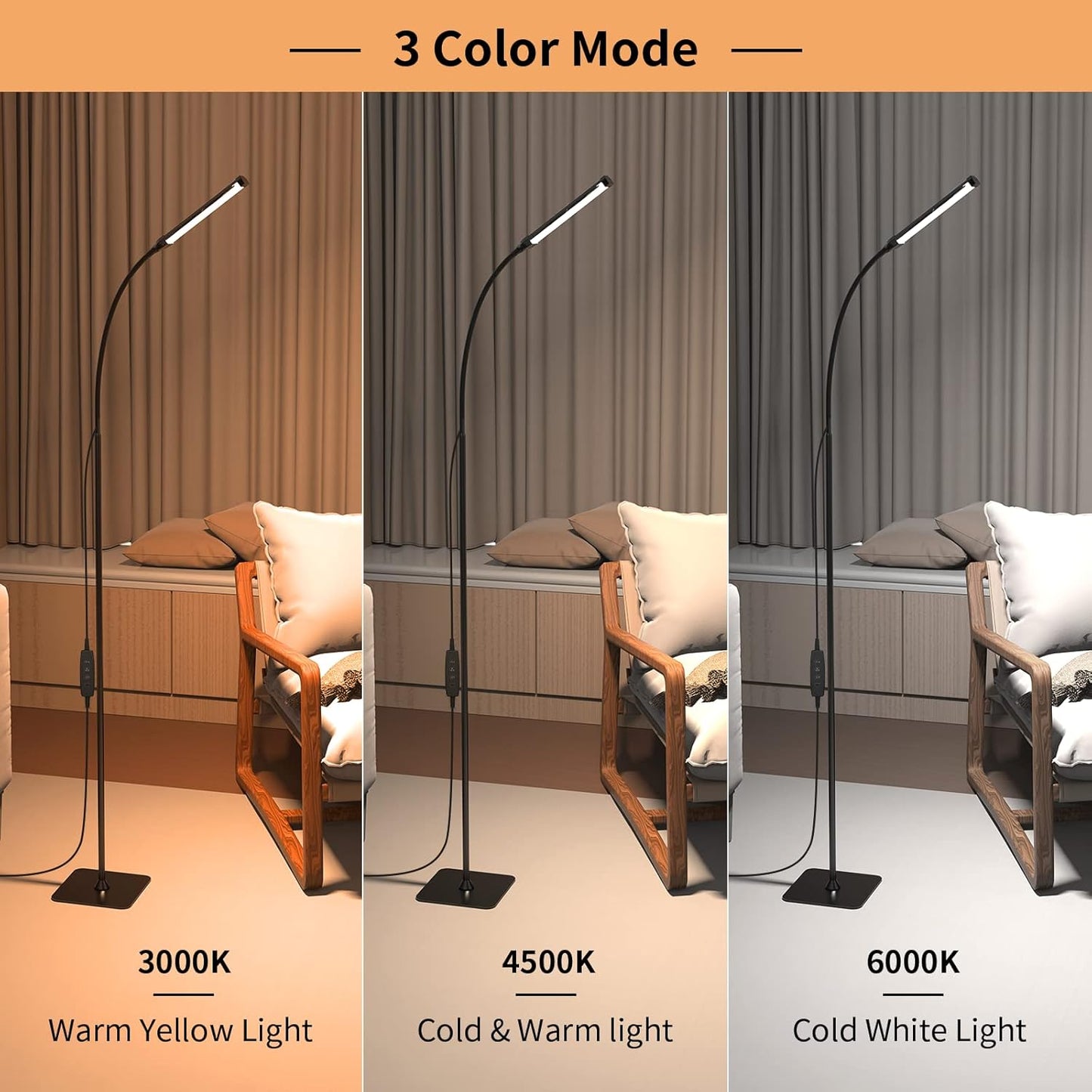 iFalarila Floor Lamp, Reading Lamps Floor Standing [120 LEDs with 3 Color Mode 3000K-6000K & 10 Brightness Setting] Dimmable Desk Light with Flexible