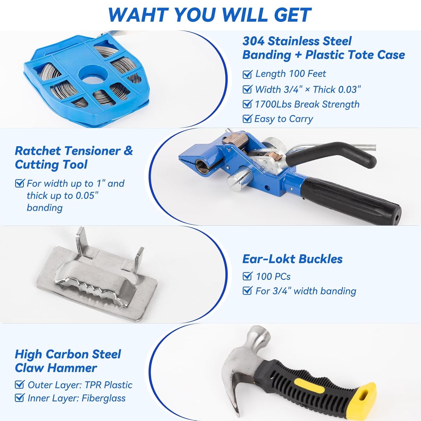 Stainless Steel Banding Strapping Kit with Ratchet Tensioner/Cutter, 100FT3/4' 304 Steel Banding Coil with Blue Tray, 100PCs Buckle, 1H