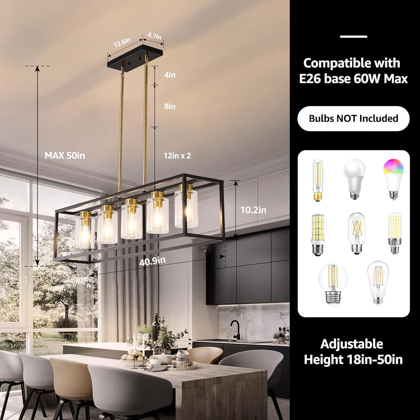 FOVICY 5-Light E26 Kitchen Island Lighting, Farmhouse Dining Room Chandelier with Clear Glass Shades, Rectangle Black and G