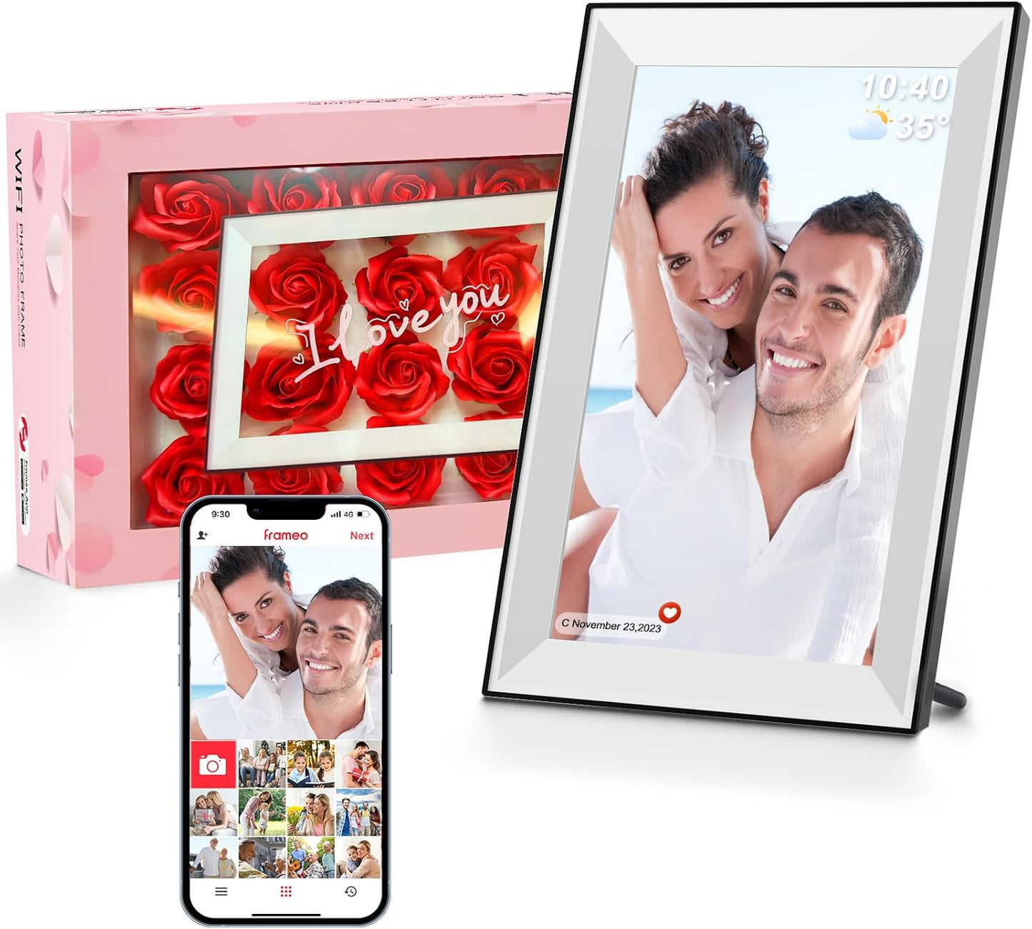 Frameo 10.1 Inch Smart WiFi Digital Picture Frame, 1280 x 800 IPS HD Touch Screen, Easy Photos Video Sharing via App, Eternal Flower Birthday Gift