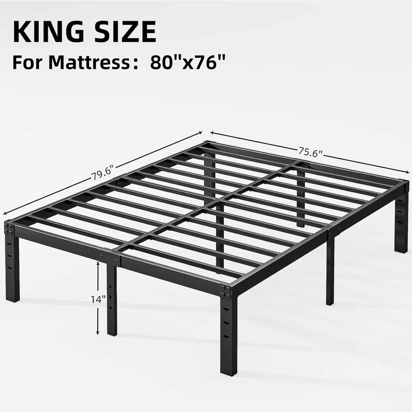 EZBeds King Size Bed Frame, 14 Inch High King Bed Frame, Heavy Duty Metal King Bed Frame No Box Spring Needed, Easy Assembly, Noise Free, Steel Slat