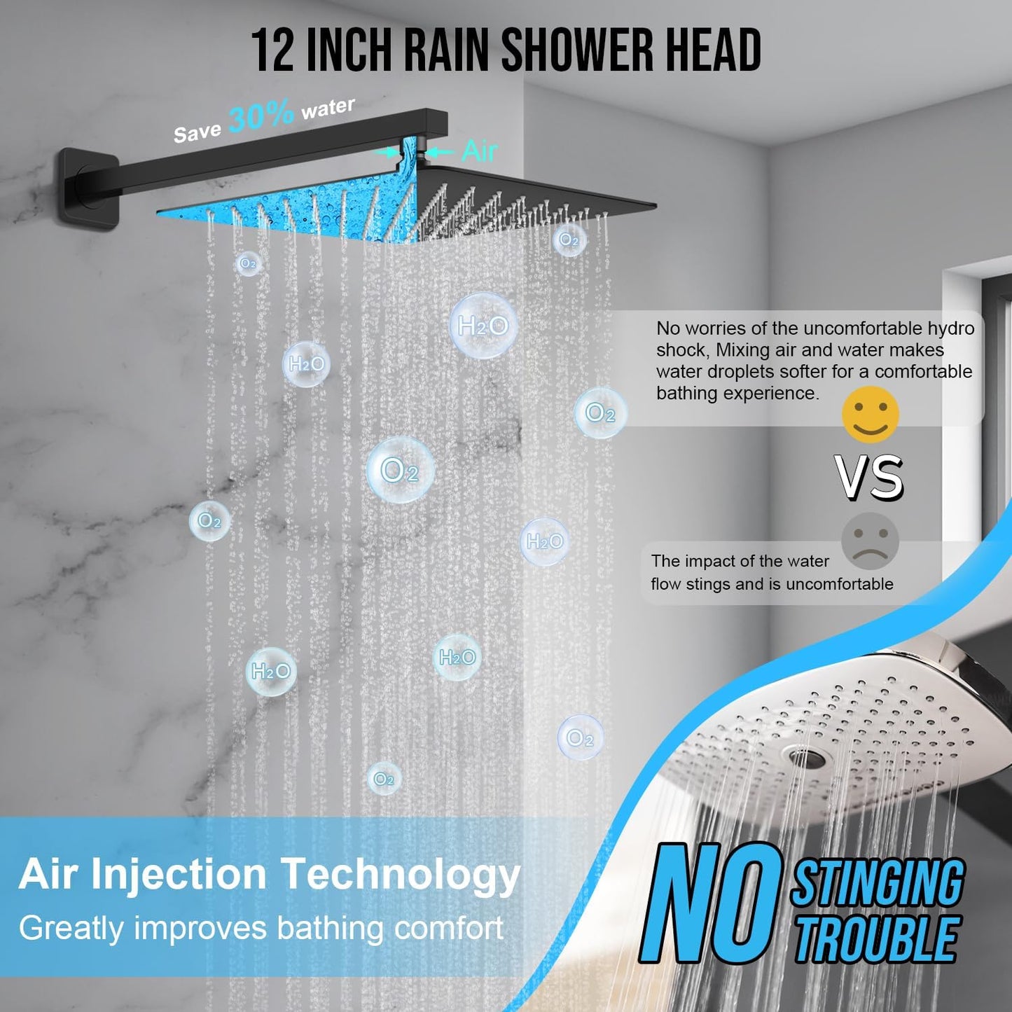 12 Inch Shower Faucet Set, Rainfall Shower System with High Pressure Handheld Shower Head and Square Fixed Shower Head,Spray Wall Mounted Rainfall