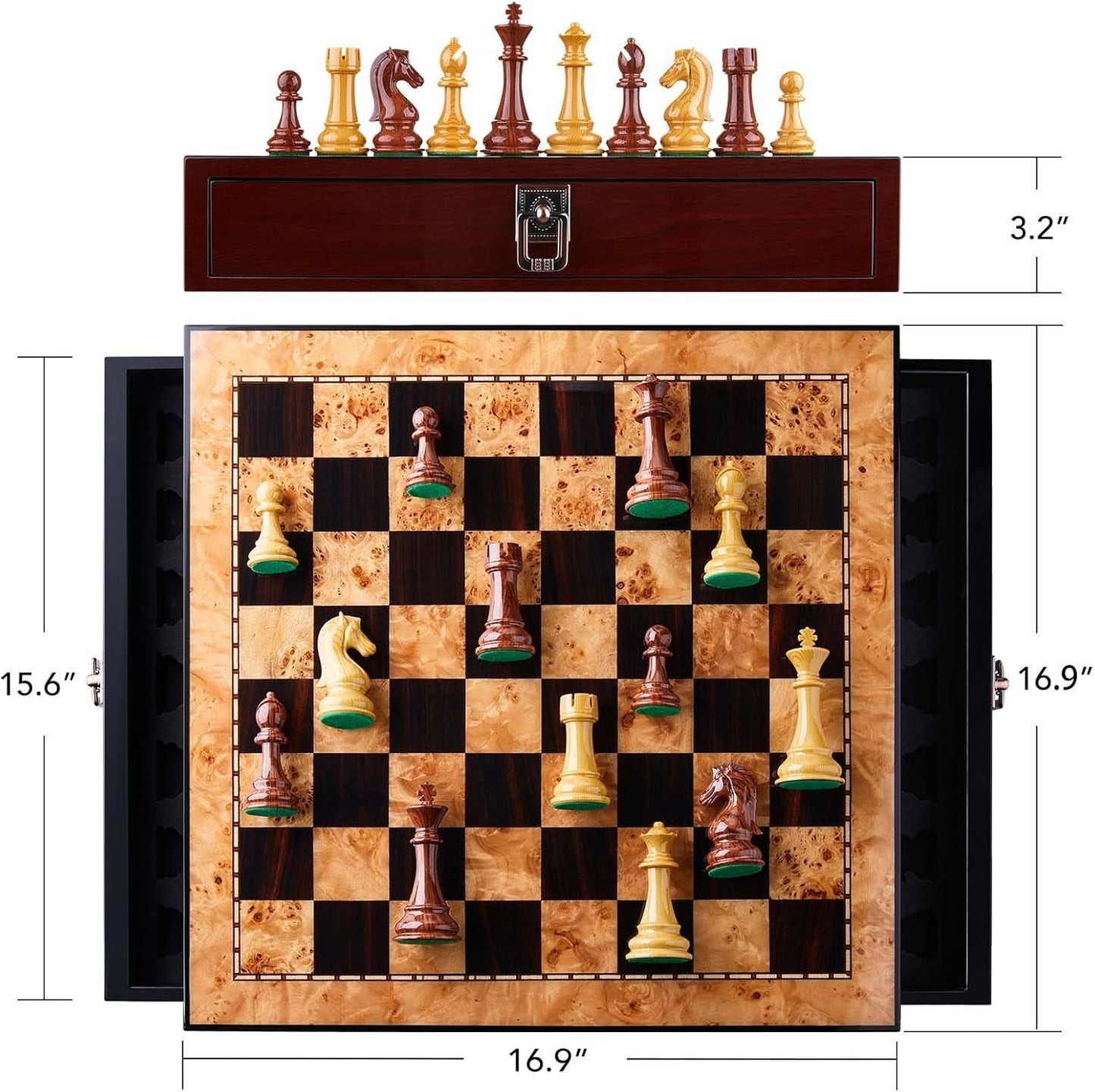 17 inches Wooden Chess Set with High Polymer Weighted Chess Pieces / 2 Built-in Storage Drawers / 2 Extra Que