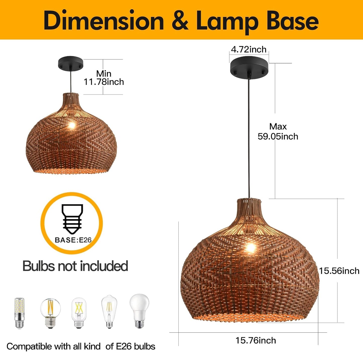 LHJIHFU Rattan Light Fixture Pendant Light, Modern Hand Woven Coffee Rattan Ceiling Hanging Pendant Light for Kitchen Island Dining Room Living Room