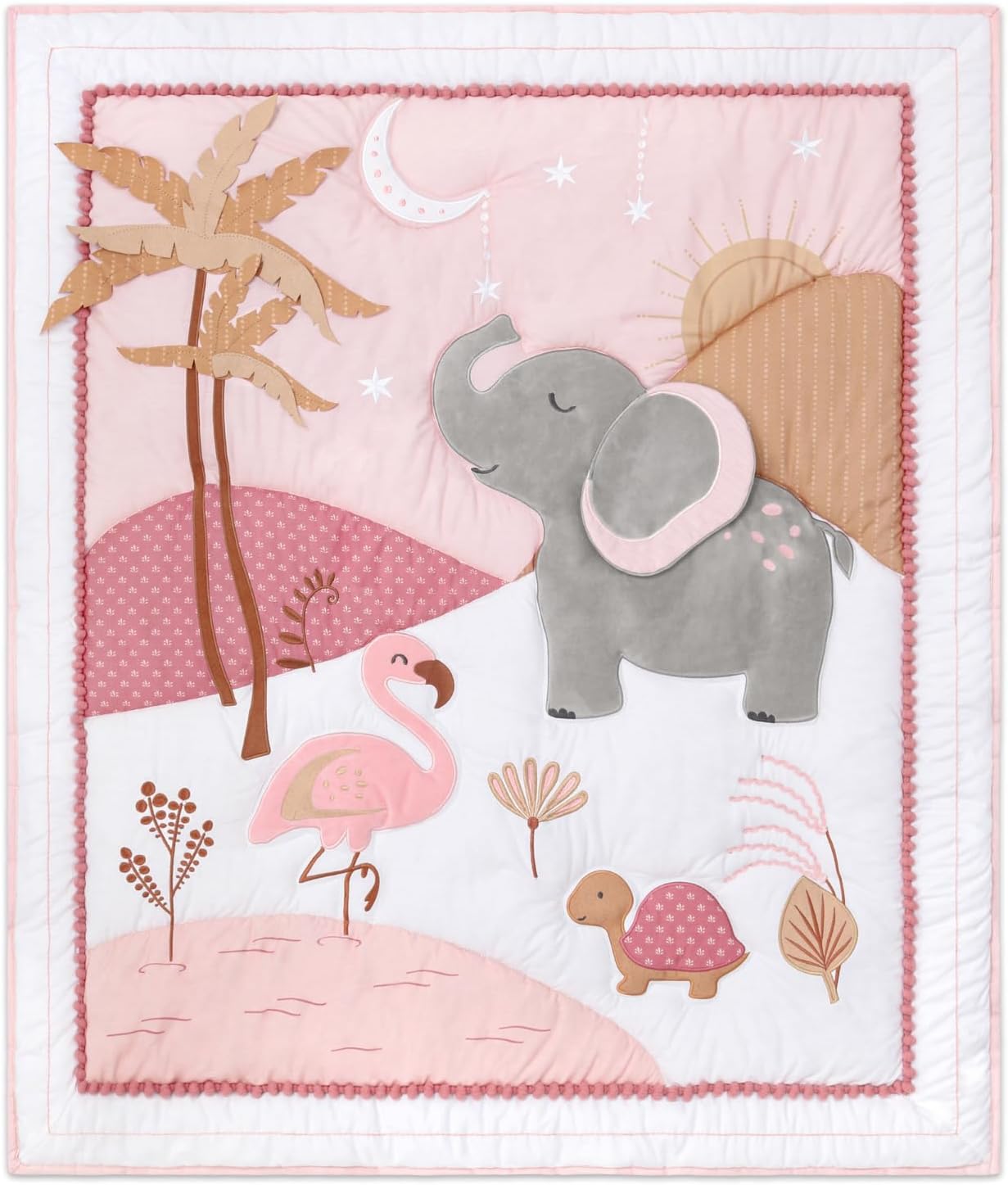 The Peanutshell Safari Crib Bedding Set for Girls, 4pc Organic Cotton Crib Comforter Set, Jungle Elephant Nursery Decor, Pink, Grey, White, Tan