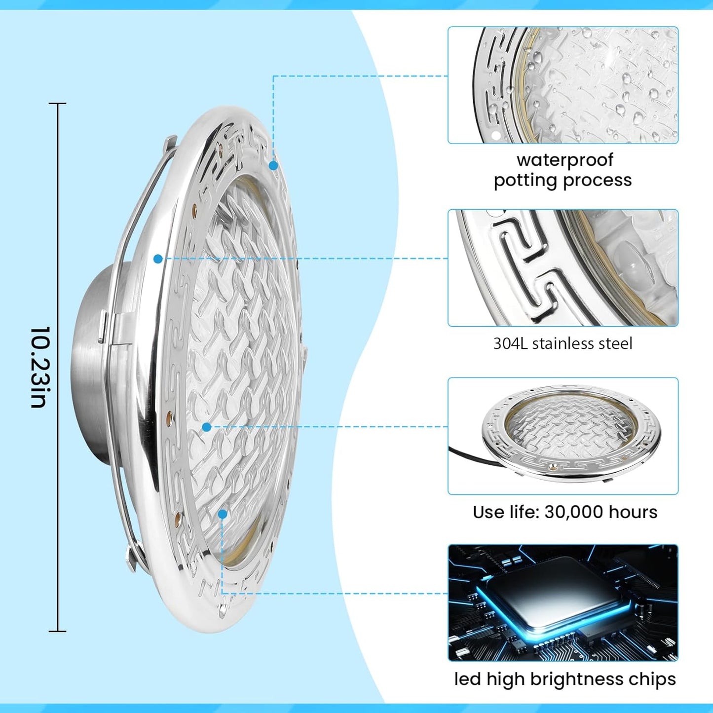 LED RGBW 10 Inch 12VAC Pool Lights for Inground Pool,  100 Foot Cord, w/Remote, Salt/Freshwater Compatible