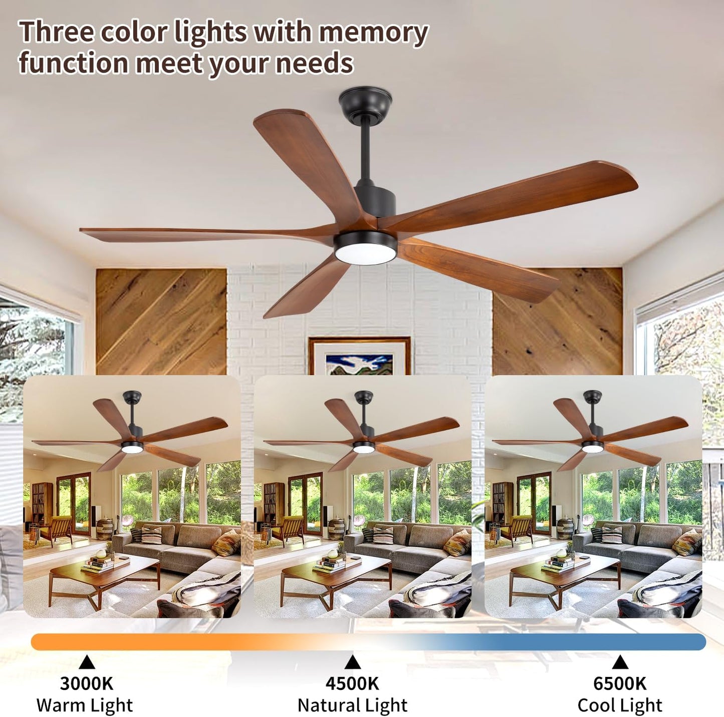 60 inch Ceiling Fan with Light, Natural Solid Wood Blades Outdoor/Indoor Ceiling Fan with Light and Remote, 6 Speeds Qu