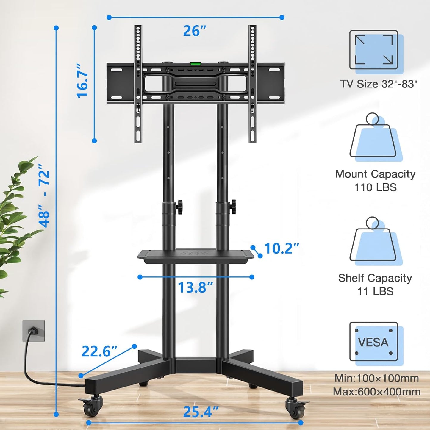 Rolling TV Stand with Power Outlet, Mobile TV Stand with Upgraded Wheels for 32-83 Inch LCD LED OLED Flat Panel Curved Screen TVs up to 110 lbs,