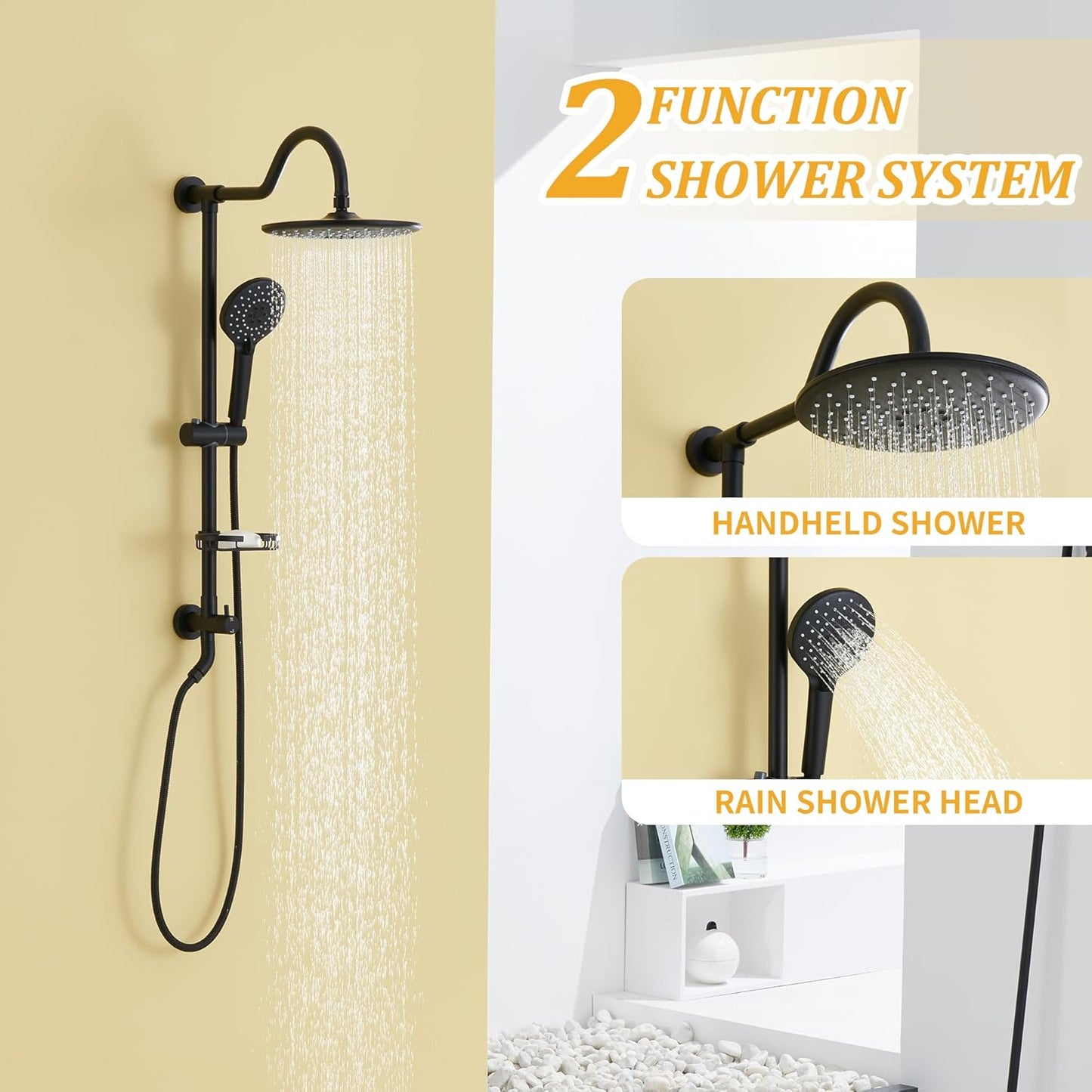 MONDAWE Exposed Shower System 8-Inch Matte Black Shower Head with Handheld Sprayer 3-Setting, Slid Bar Shower System