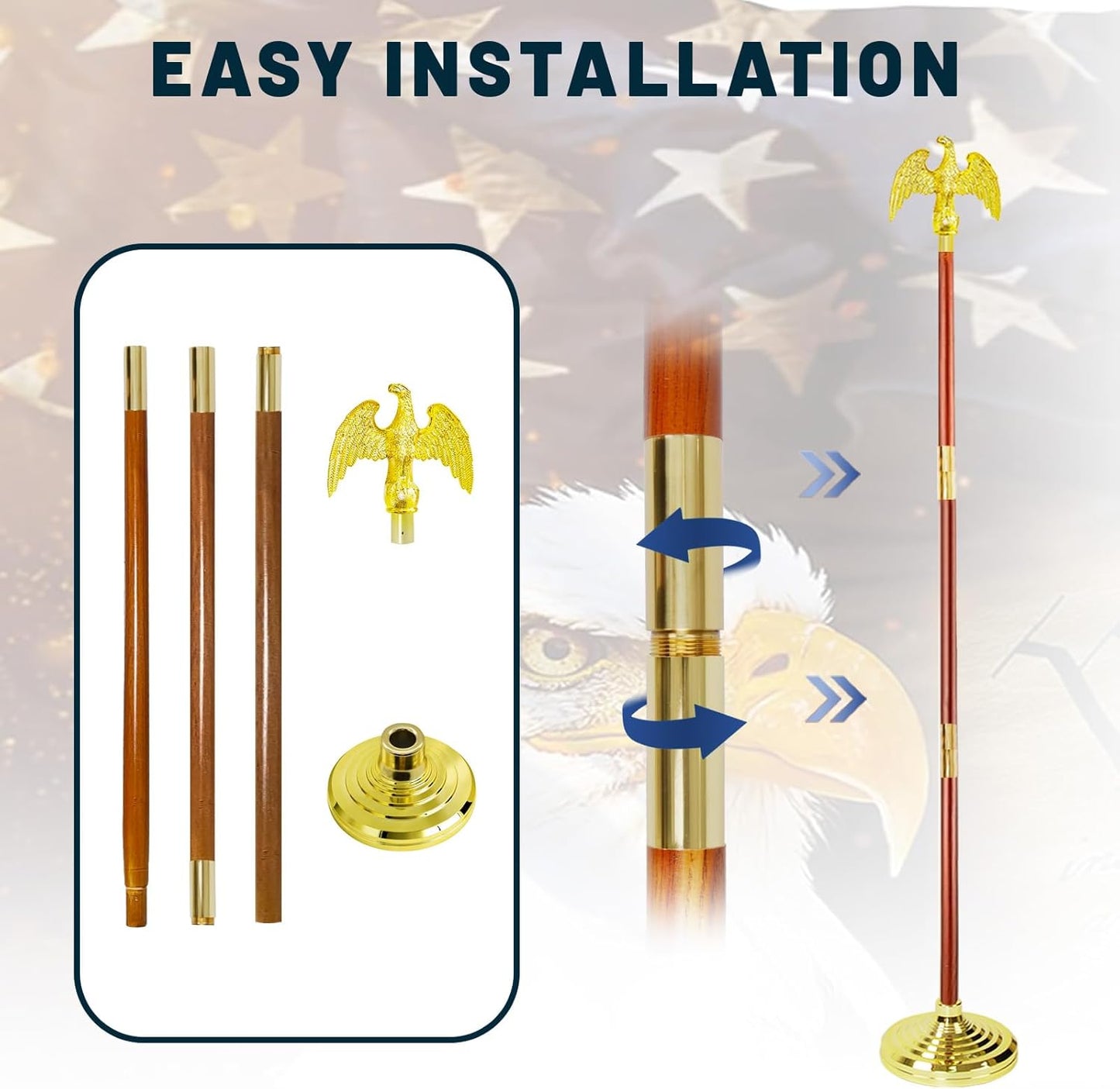 Presidential Indoor Flag Pole - Wooden 8FT Flagpole with Base, 3x5 USA Flag-Heavy Duty Water Resistant Polyester Canvas Embroidered Stars, Eagle