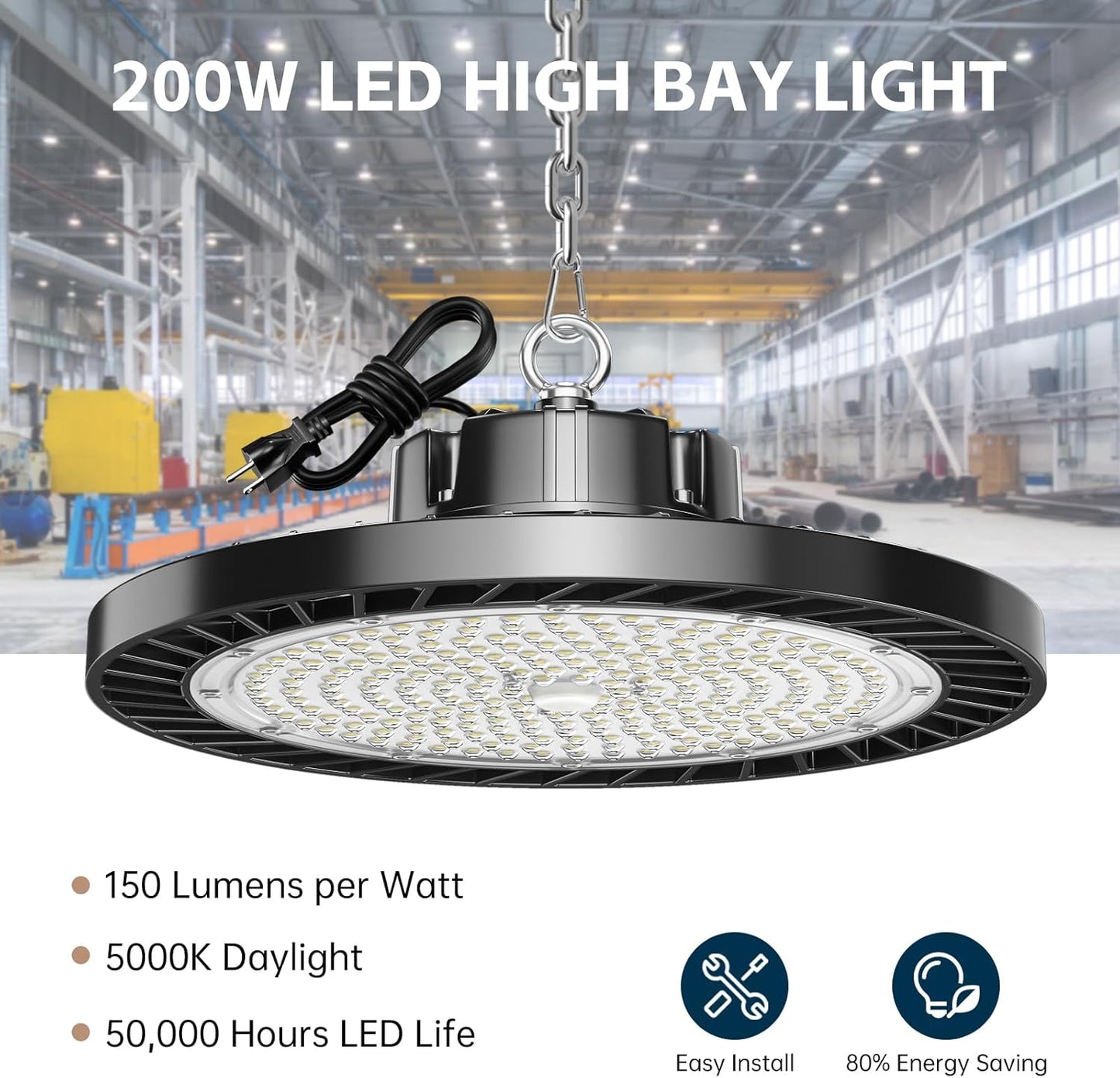 UFO LED High Bay Light 5000K 200W 30000LM AC100-277V with plug High Bay Led Shop Lights Suitable for Warehouse Workshop Factory Gym Garage Barn 6 Pack