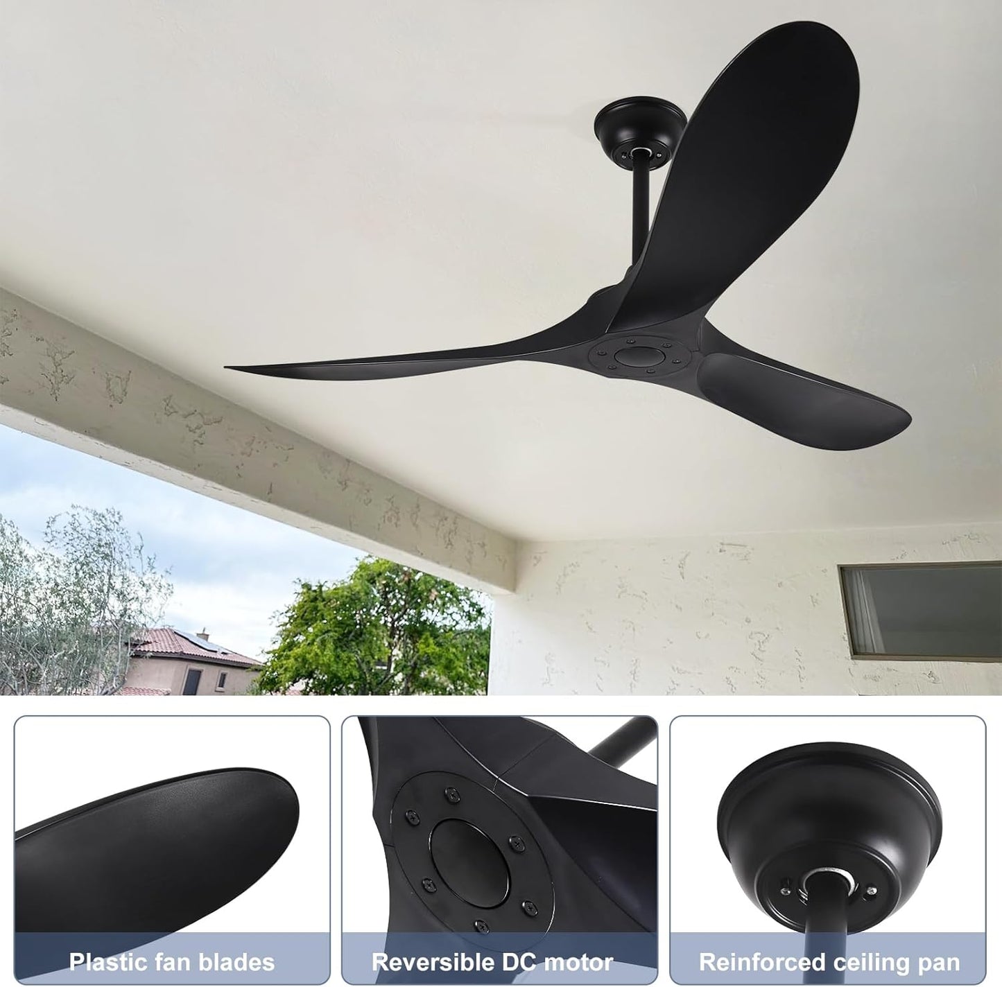 60' Ceiling Fan, No Light, with Remote Control,Outdoor Ceiling Fan with DC Reversible and Silent Motor,3 Plastic Blades,Black Ceiling Fan for