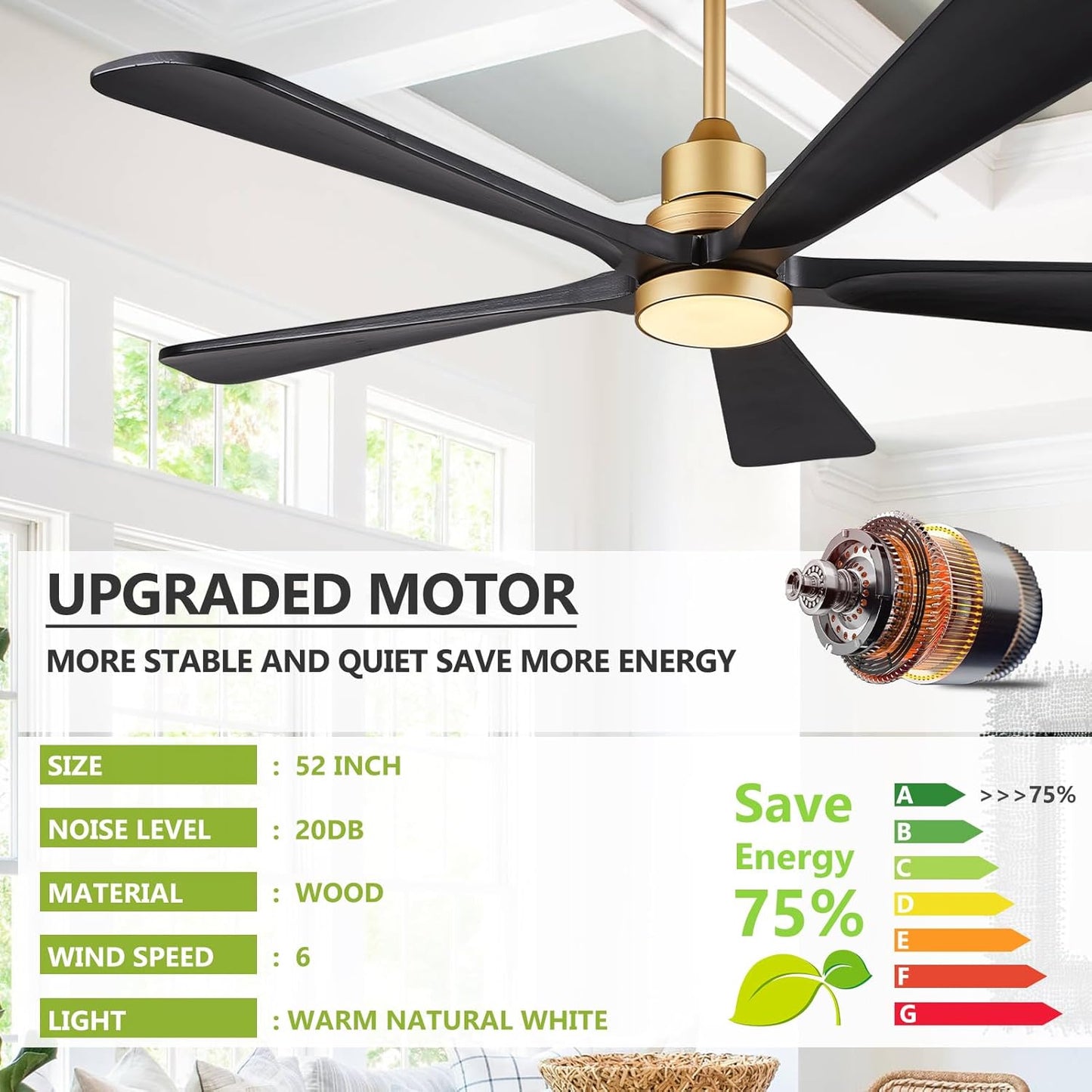 Ceiling Fans with Lights Remote Control - 52 inch Modern Ceiling Fan with Light 5 Black Wood Blades, Reversible Motor for Indoor/Outdoor Patio,