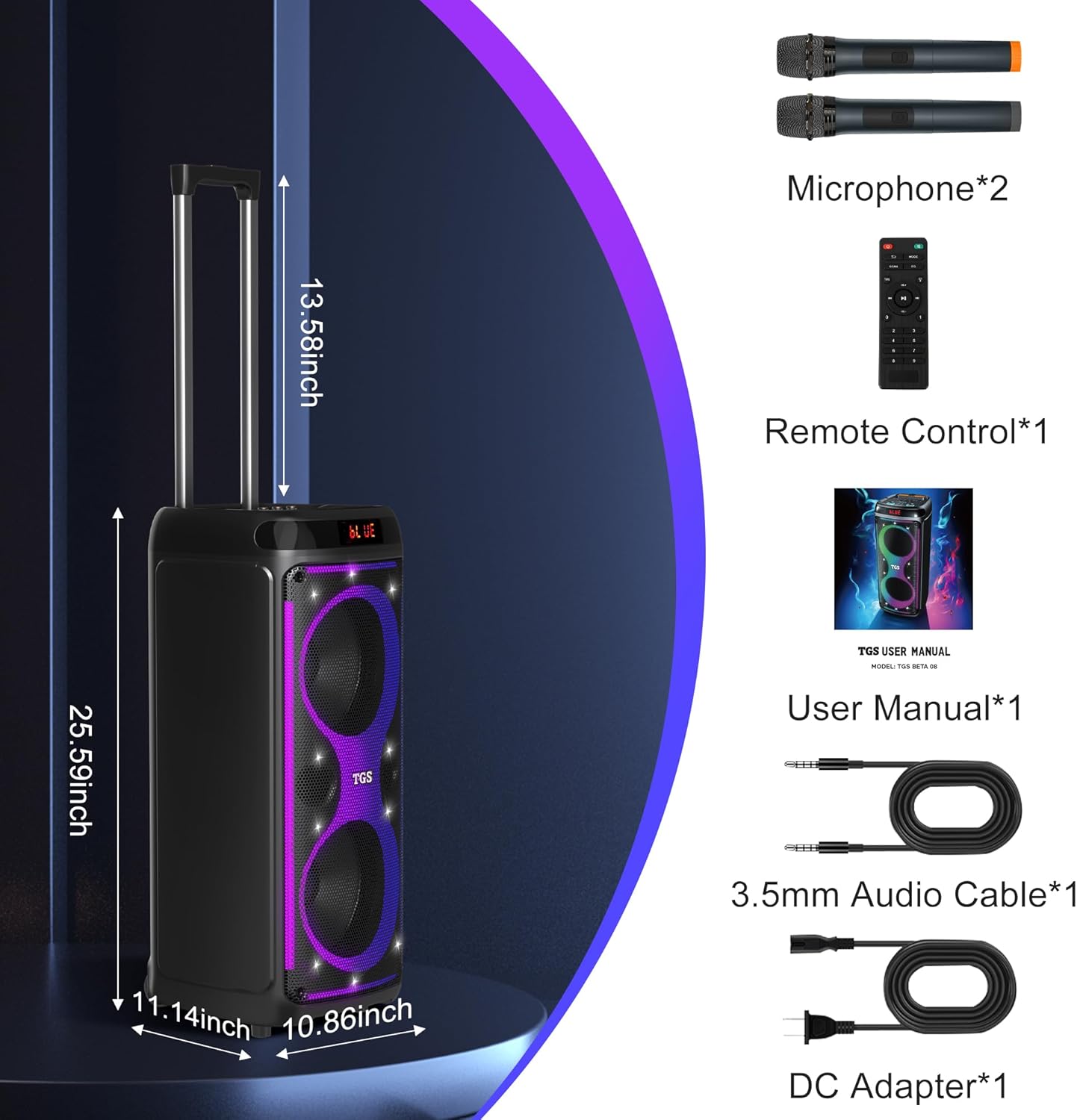 Karaoke Machine with 2 Wireless UHF Microphones, Dual 8&#34; Portable Bluetooth Speakers for Adults & Kids, PA System for Party with Disco LED