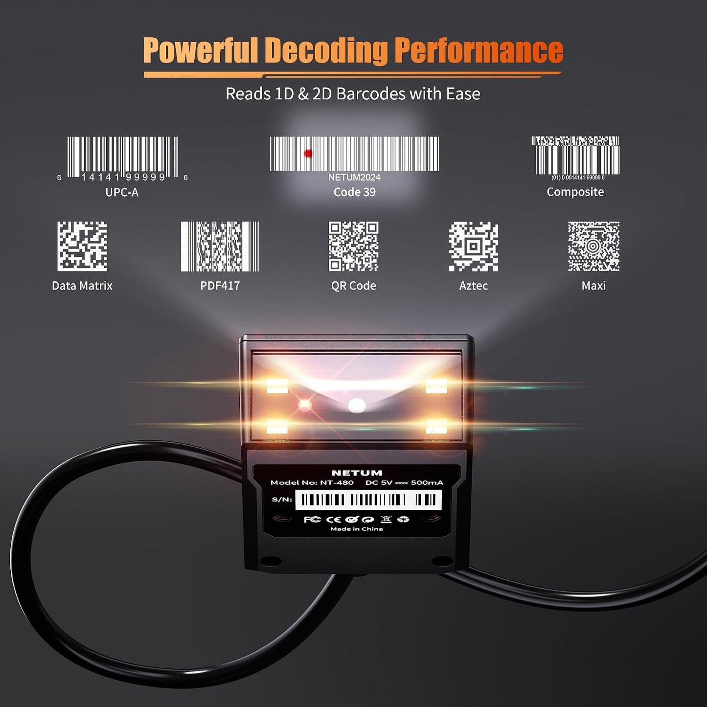 NETUM NT-480 Fixed Mount 2D Barcode Scanner, Auto-Sensing Embedded -USB | Industrial 1D/2D QR barcode scanner for kiosks, conveyors, POS, manufacturing and self-service systems. USB Cable