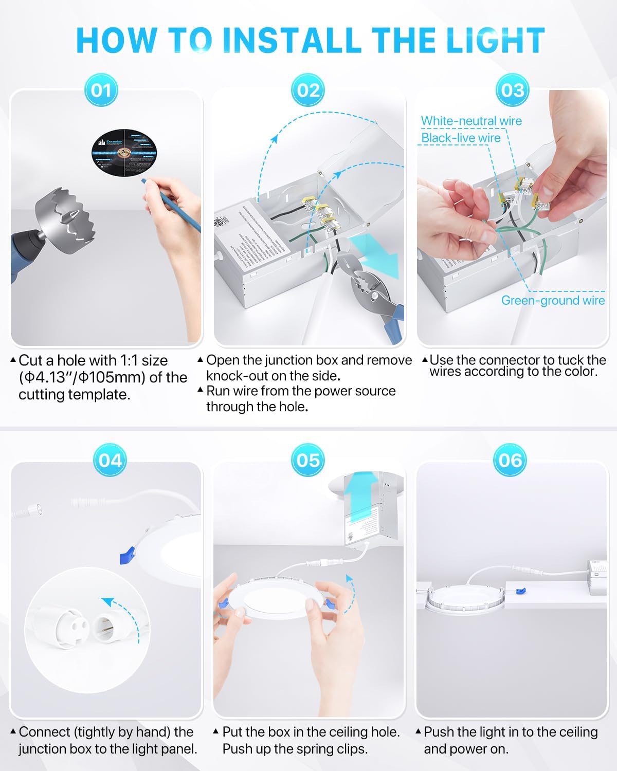 Ultra-Thin 4' LED Recessed Ceiling Light with Junction Box, 2700K/3000K/3500K/4000K/5000K Selectable, 9W 75W Eqv, Dimmable Can-Killer Downlight,