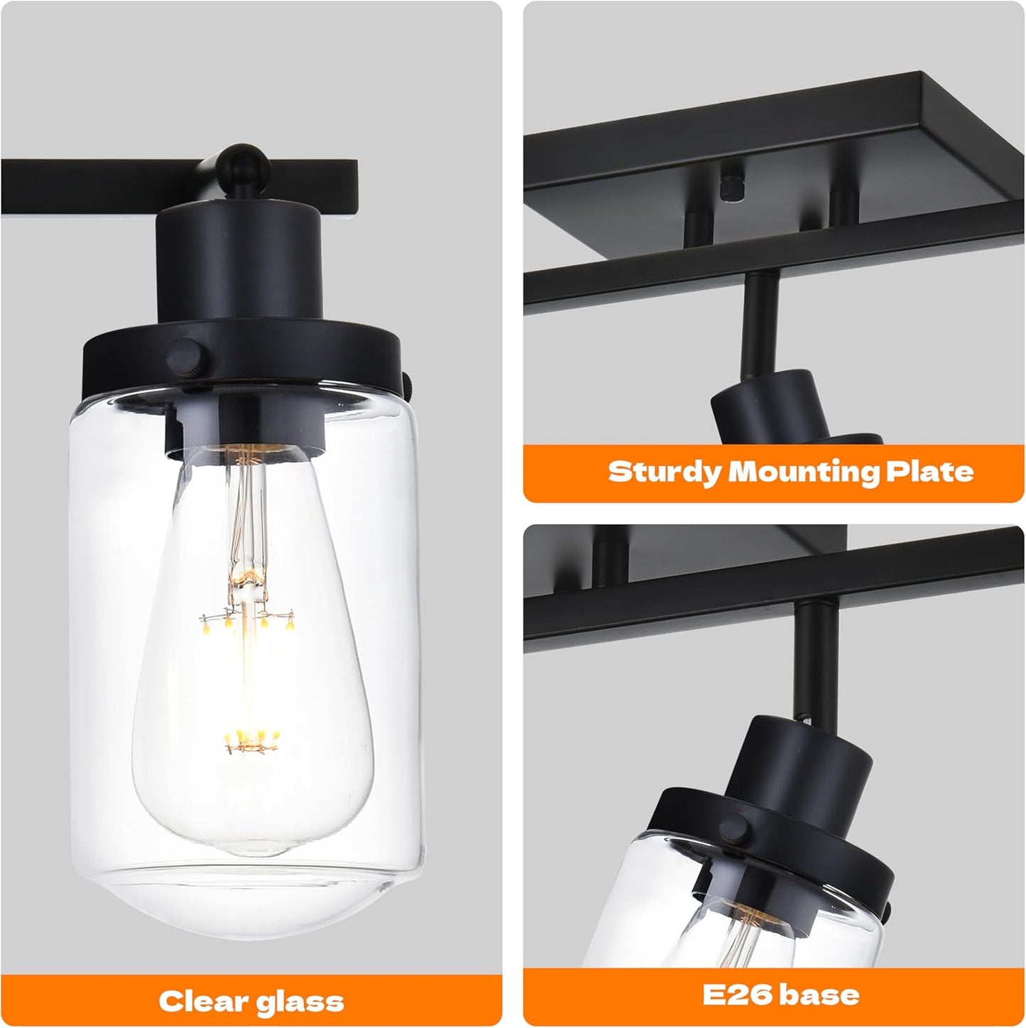 YIKOLUZ 5-Light Black Track Lighting Fixtures Ceiling Spotlights Modern Bathroom Vanity Light with Clear Glass Shade, Flush Mo