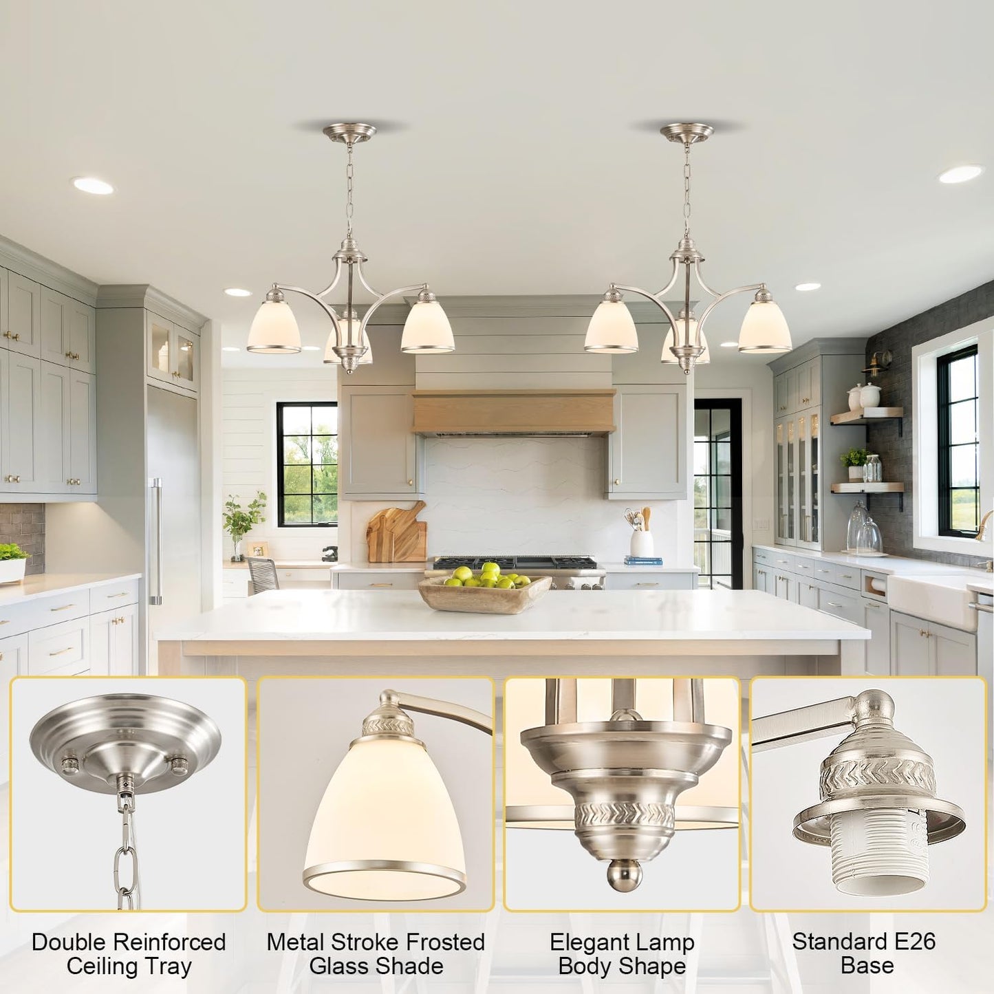 Brushed Nickel 3-Light Kitchen Island Light Fixture with Milk White Frosted Glass Shade for Dining Room Adjustable Height Silver Ceiling Hanging Light for Kitchen,Entry,Dining Table,Foyer silver-a small