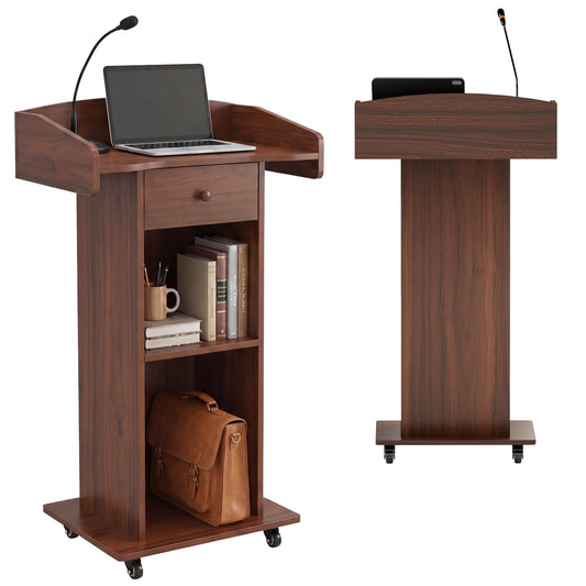 Portable Podium Stand with Metal Wheels, Rolling Podium with Drawer and Adjustable Shelf, Mobile Pulpit for Church, Wooden Lectern for Classroom Office Restaurant Conference (Brown)