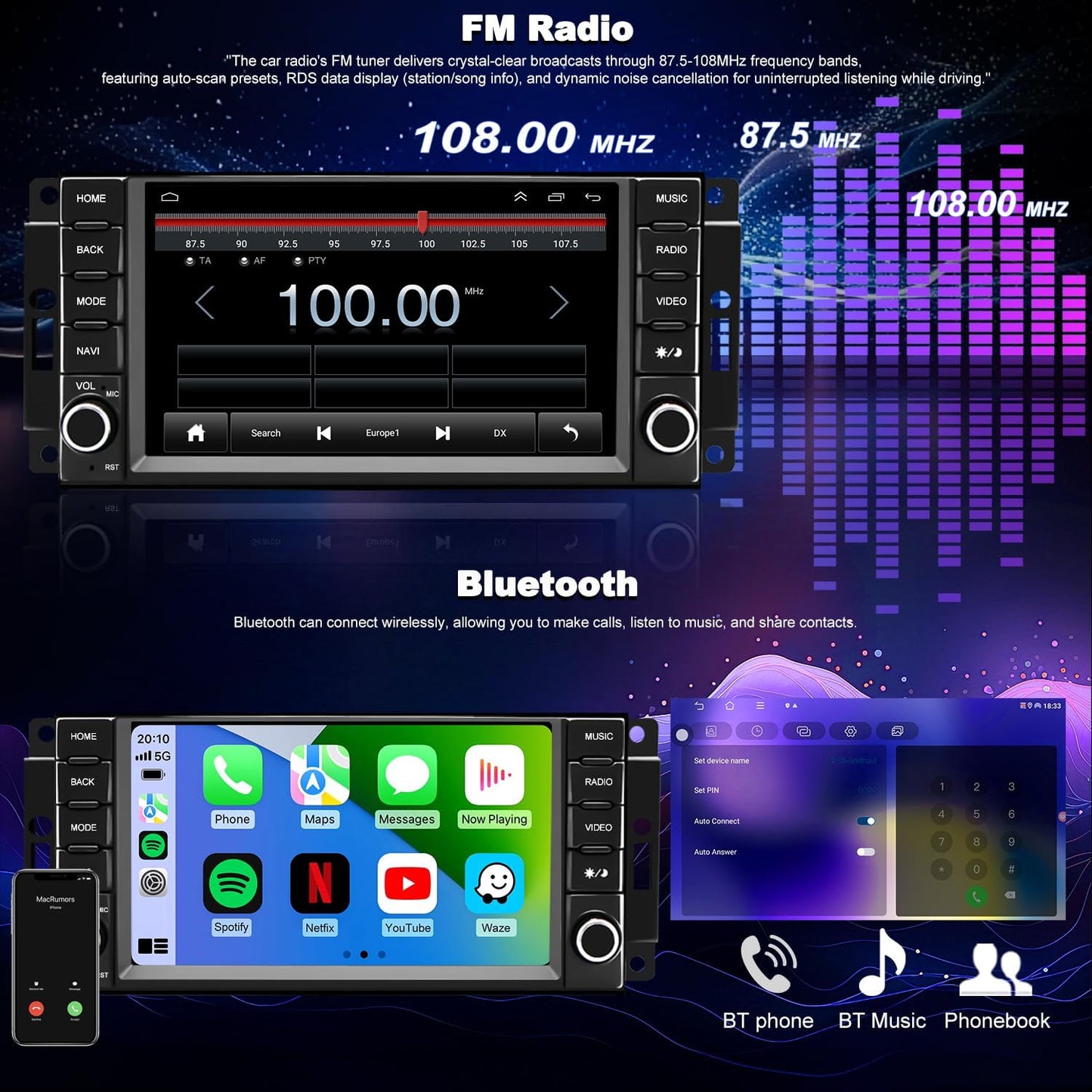 5GWiFi Upgrade Car Radio for Dodge Avenger Challenger 2008-2014, Grand Caravan 2008-2020, RAM 1500/2500/3500 2009-2012, 7inch Touch screen Car Stereo Receivers Wireless Carplay Android Auto GPS Camera