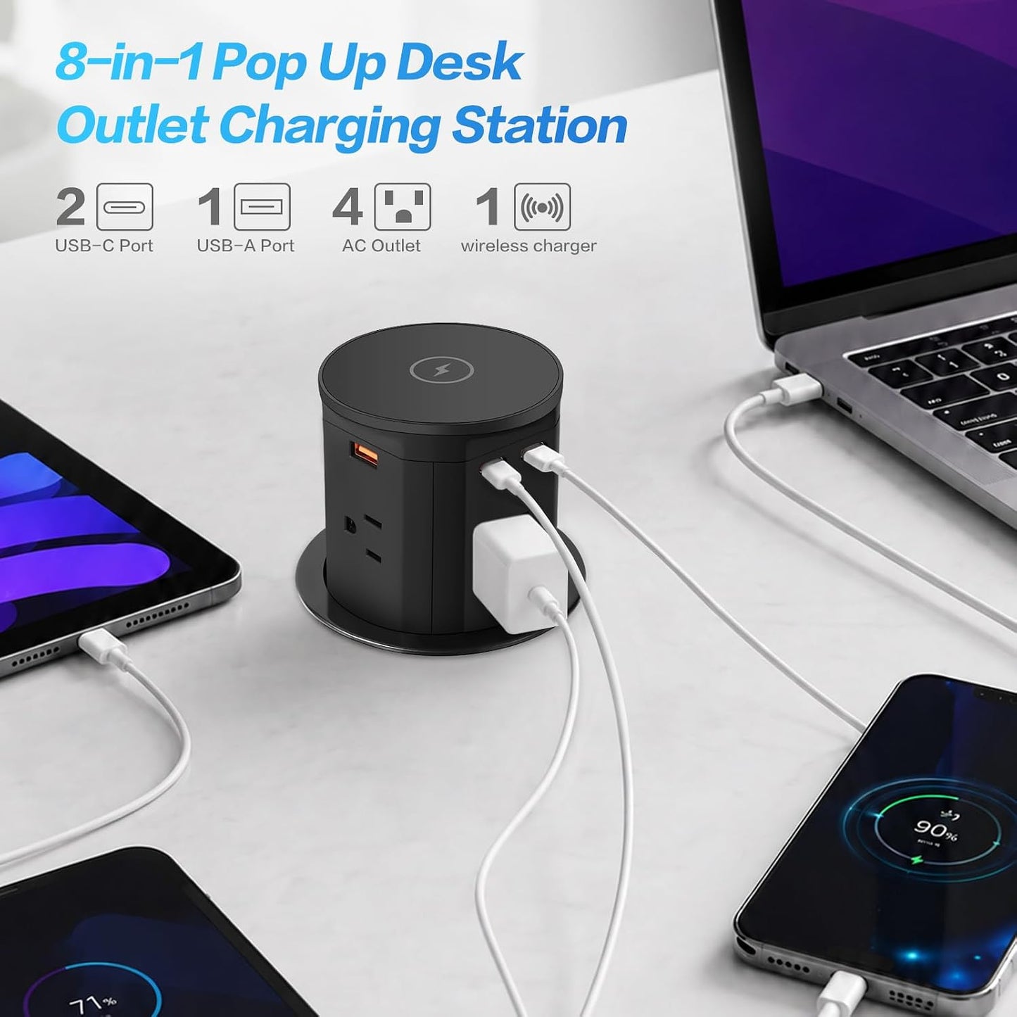 Pop Up Outlet with 15W Wireless Charger, 4 AC Outlets 1875W PD 30W Supercharging 2 USB-C Ports USB-A Ports, 3.35" Hole Desktop Power Grommet for Home Office (Black) 3.35-inch hole-black