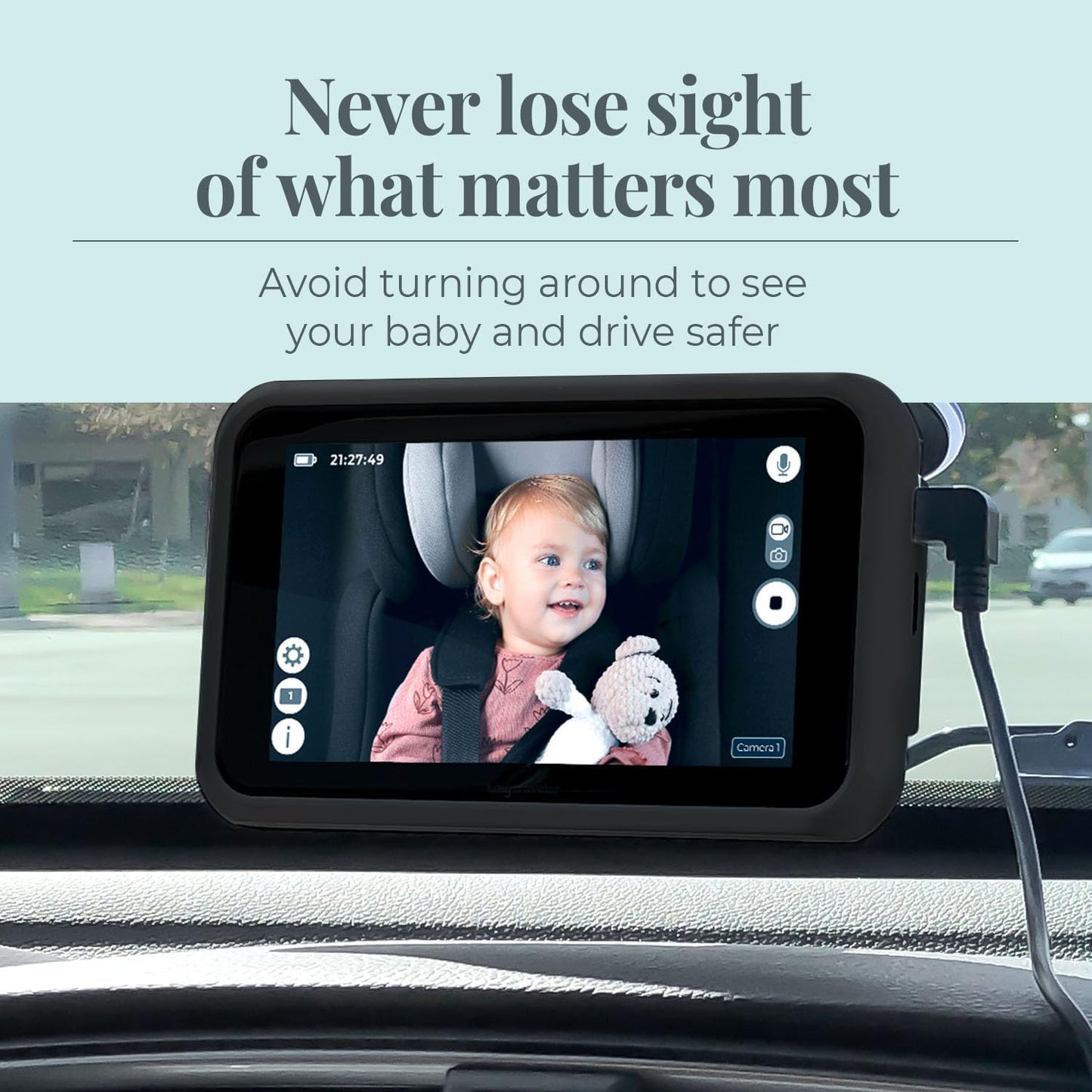 Tiny Traveler | Portable Video Baby Monitoring System with Travel Kit, View Kid in Rear Facing Seat, Night Vision HD 720p 5' Touchscreen, Battery