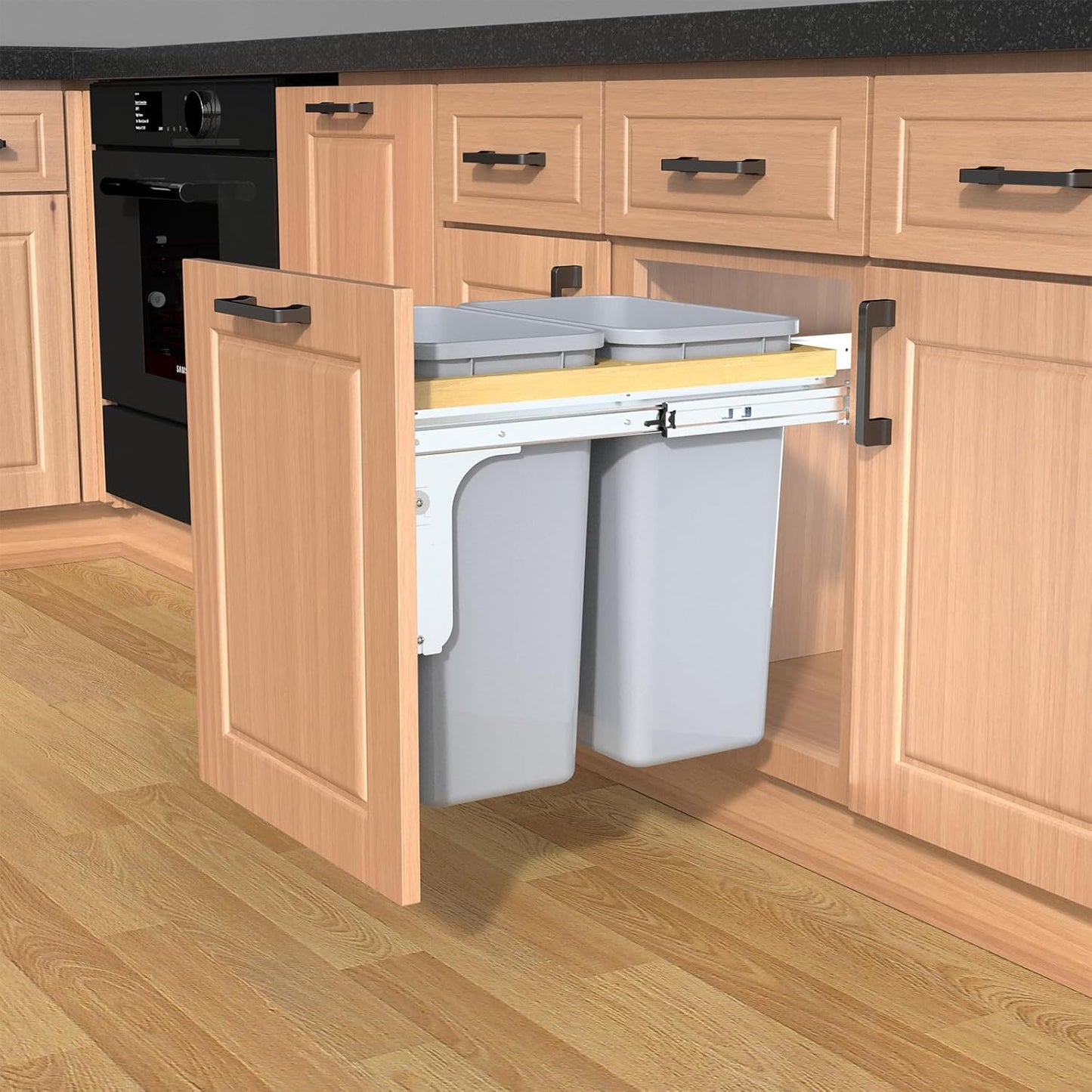 Double Pull Out Under Cabinet Trash Can 35 Qt Garbage Bin for 15' x 1.5' Face Frame, Grey