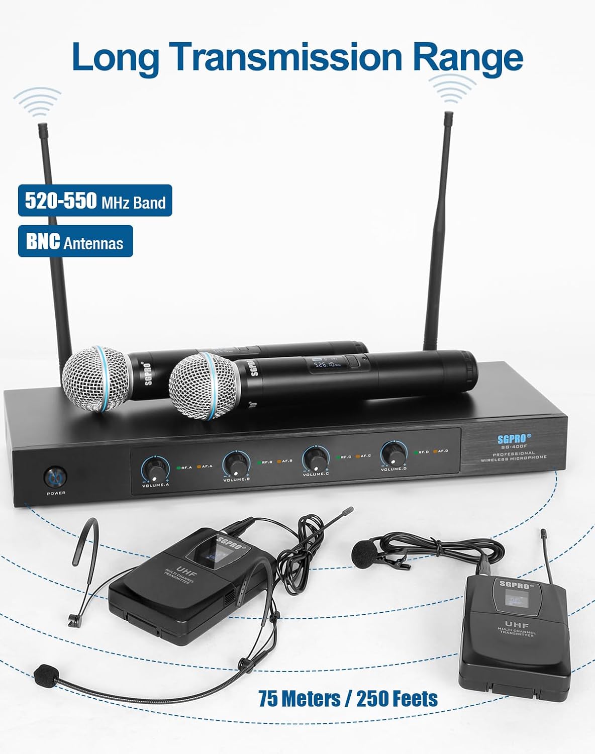 SGPRO 4-Channel Wireless Microphone System - 250Ft Range, Metal Mics & Receiver, Fixed Frequency Cordless Microphones Ideal for Events and Live