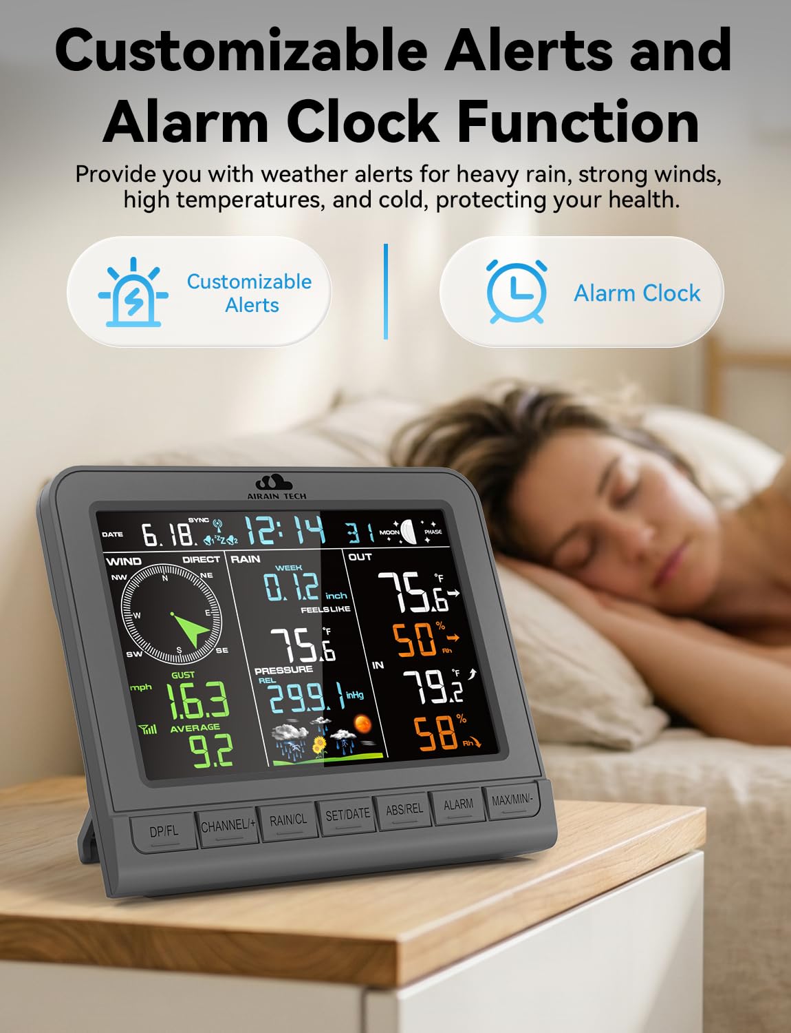 Wireless Weather Station,Featuring a rain Gauge,Wind Speed/Wind Direction, Indoor Temperature/Humidity,barometric Pressure,Alarm Clock, Moon Phase,Weather Forecast, etc. (No WiFi).