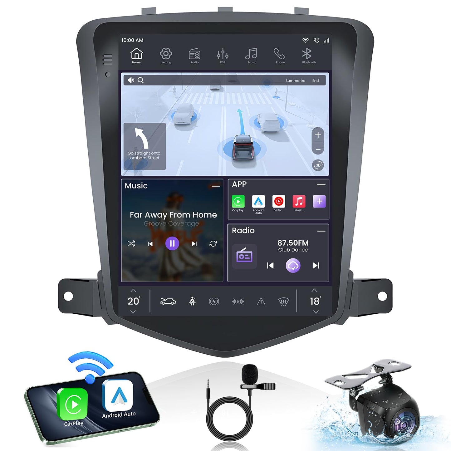 Car Stereo Radio for Chevy Cruze 2009-2015 : 10.4 Inch Touch Screen Head Unit Replacement with Wireless Carplay/Android Auto, Bluetooth GPS WiFi FM SWC Mirror Link Backup Camera