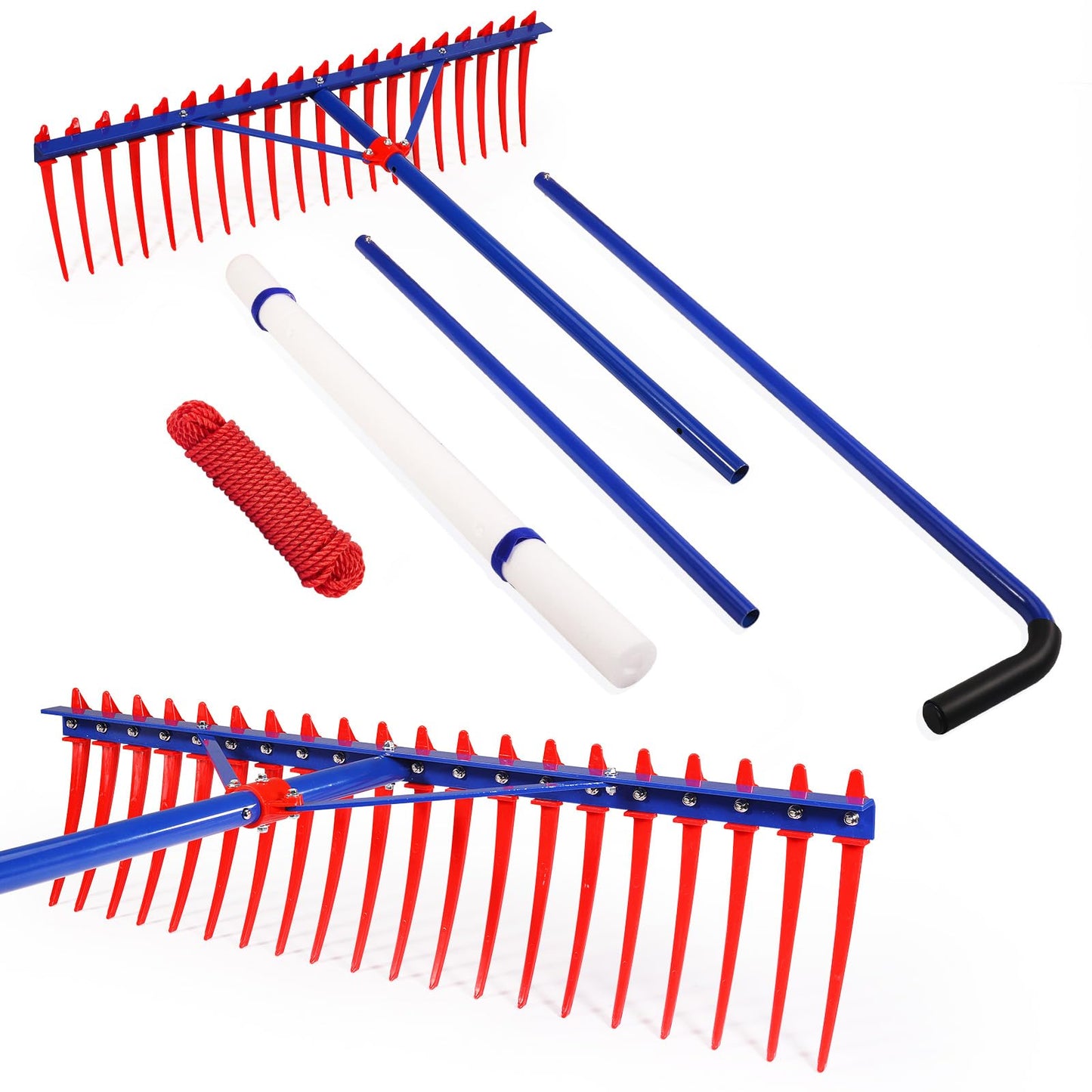 40" Extra-Large Heavy Duty Lake Weed Rake for Ponds & Lakes with 11" Long Plastic Tines, 11ft Commercial-Grade Aquatic Weed Removal Tool, Deep Water Weed Cleaner for Large Water Areas