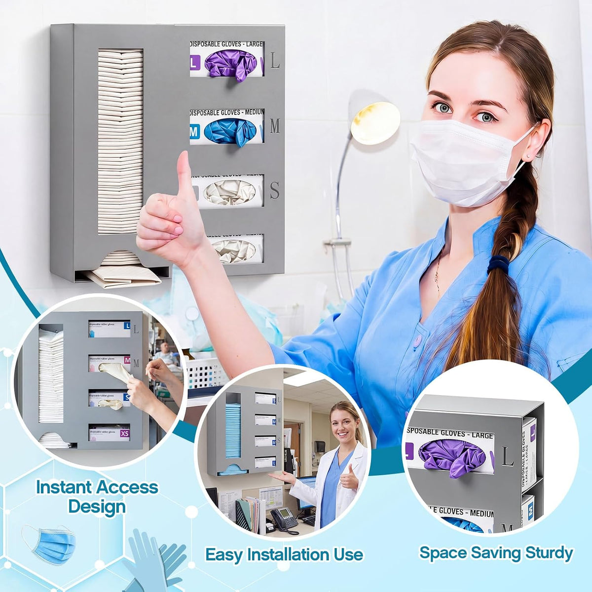 PPE Isolation Station, Large Wall Mount PPE Storage Organizer with Engraved L/M/S Size Markings, Carbon Steel Dispenser for Hospital, Laboratory, Industrial Safety Use