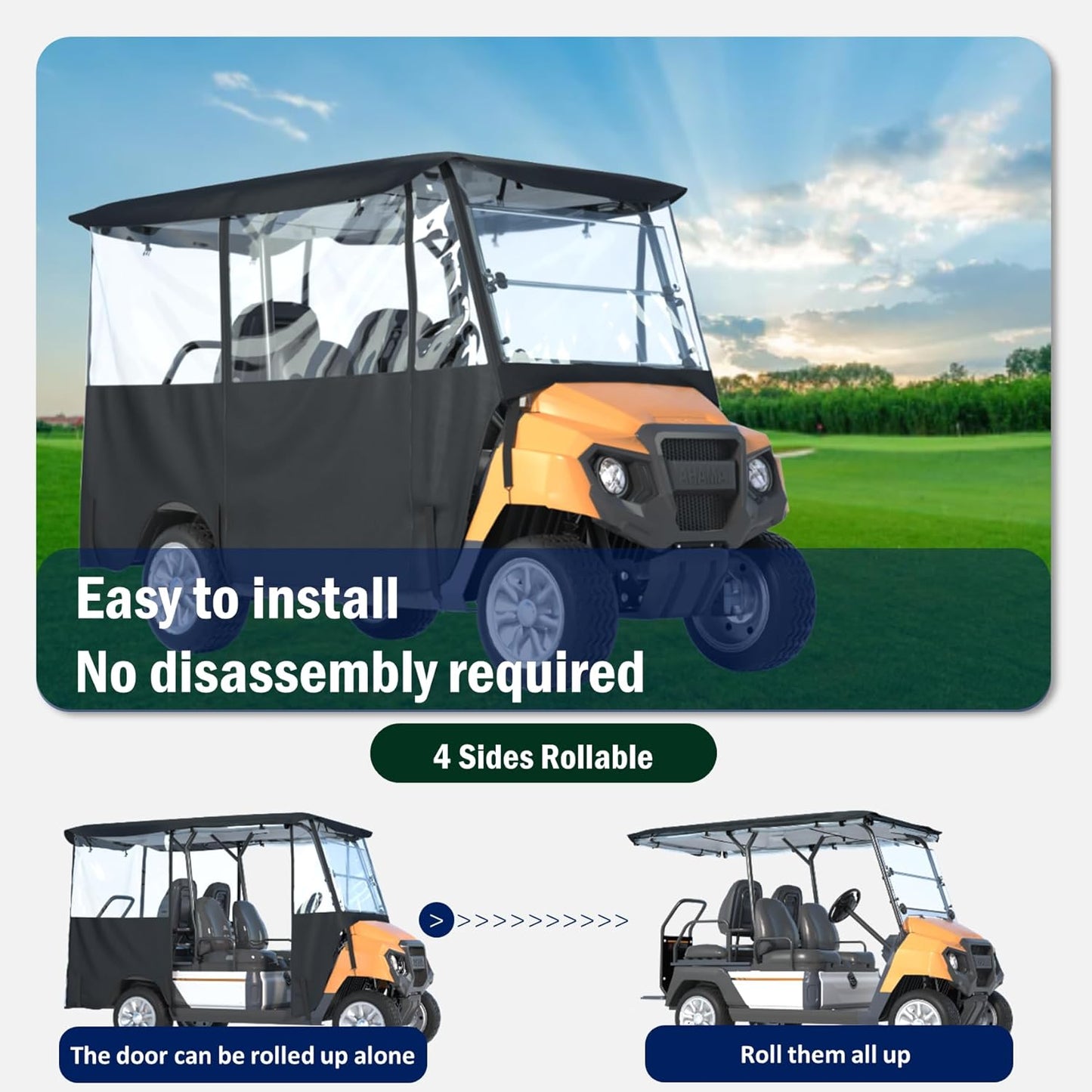 BENVOL Golf Cart Enclosure 4 Passenger –Roof Up to 78", Heavy Duty 900D Waterproof Rain Cover,0.5mm Clear PVC, Fits Club Car Precedent/Onward/Tempo, EZGO & Yamaha, Winter Windprood Cover 4seat-black