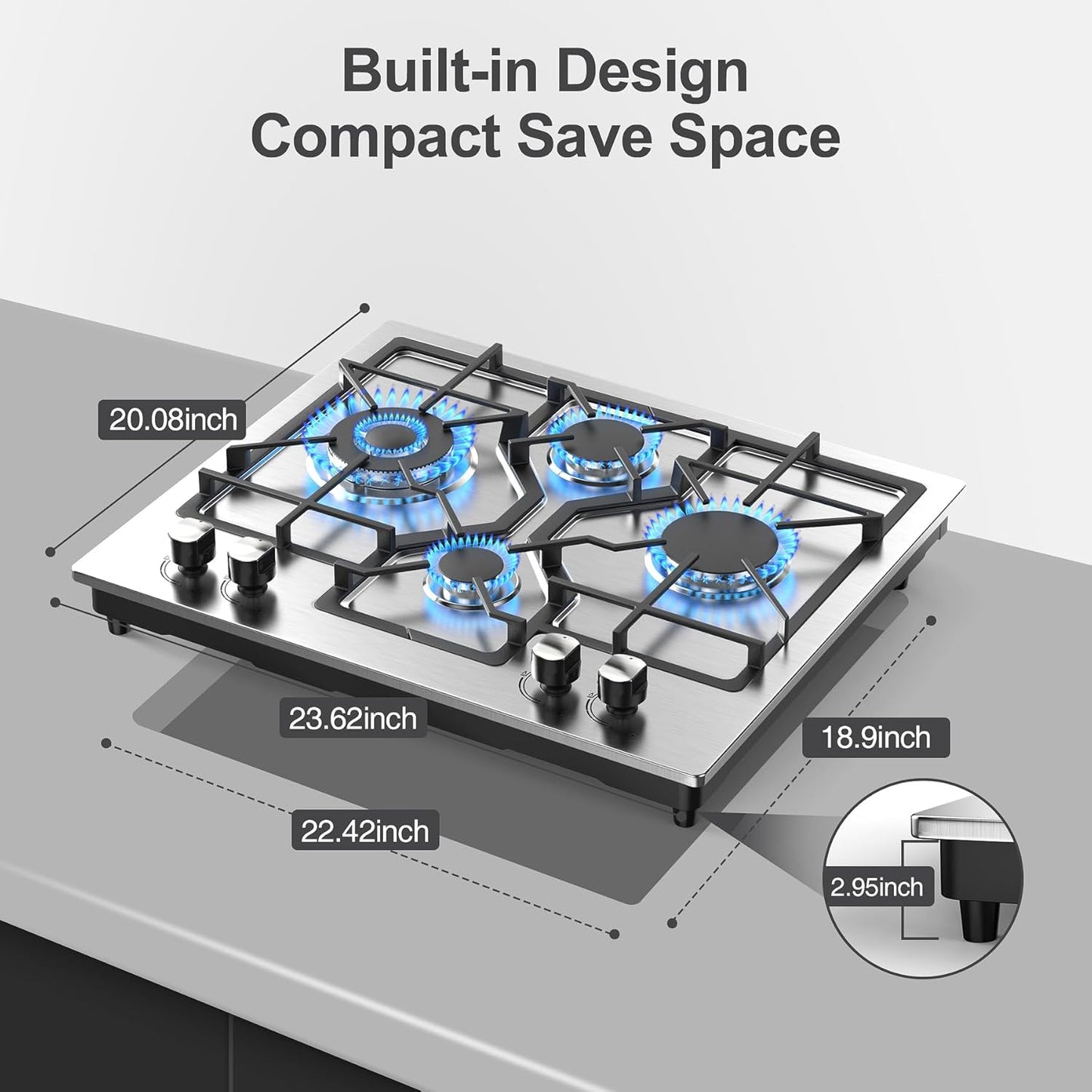 GIHETKUT Gas Cooktop 4 Burners, 23Inch Stainless Steel Gas Stove Top, Built-in Gas Propane Cooktops with Thermocouple Protection, NG/LPG Convertible,