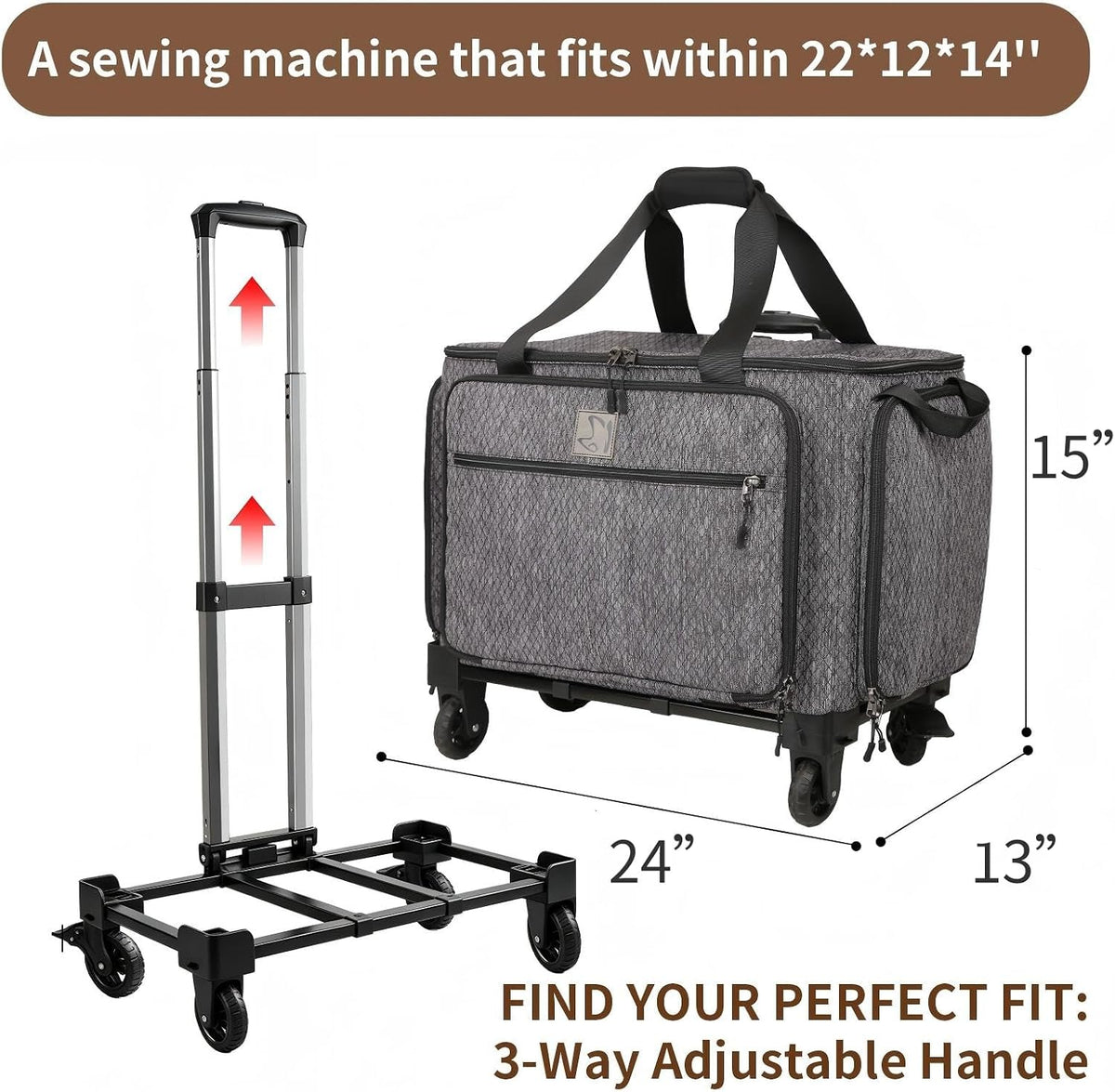 Rolling Sewing Machine Bag Fits for 22"*12"*14" Sewing Machines,YKK zipper,Hard Bottom Pad,Brake Function (Black)