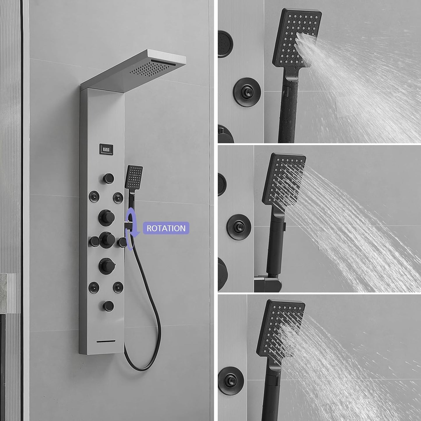 BWE Shower Panel Tower System with Body Jets Rainfall Waterfall Shower Head 6 IN 1 Stainless Steel Brushed Nickel Shower Panel with Tub Spout