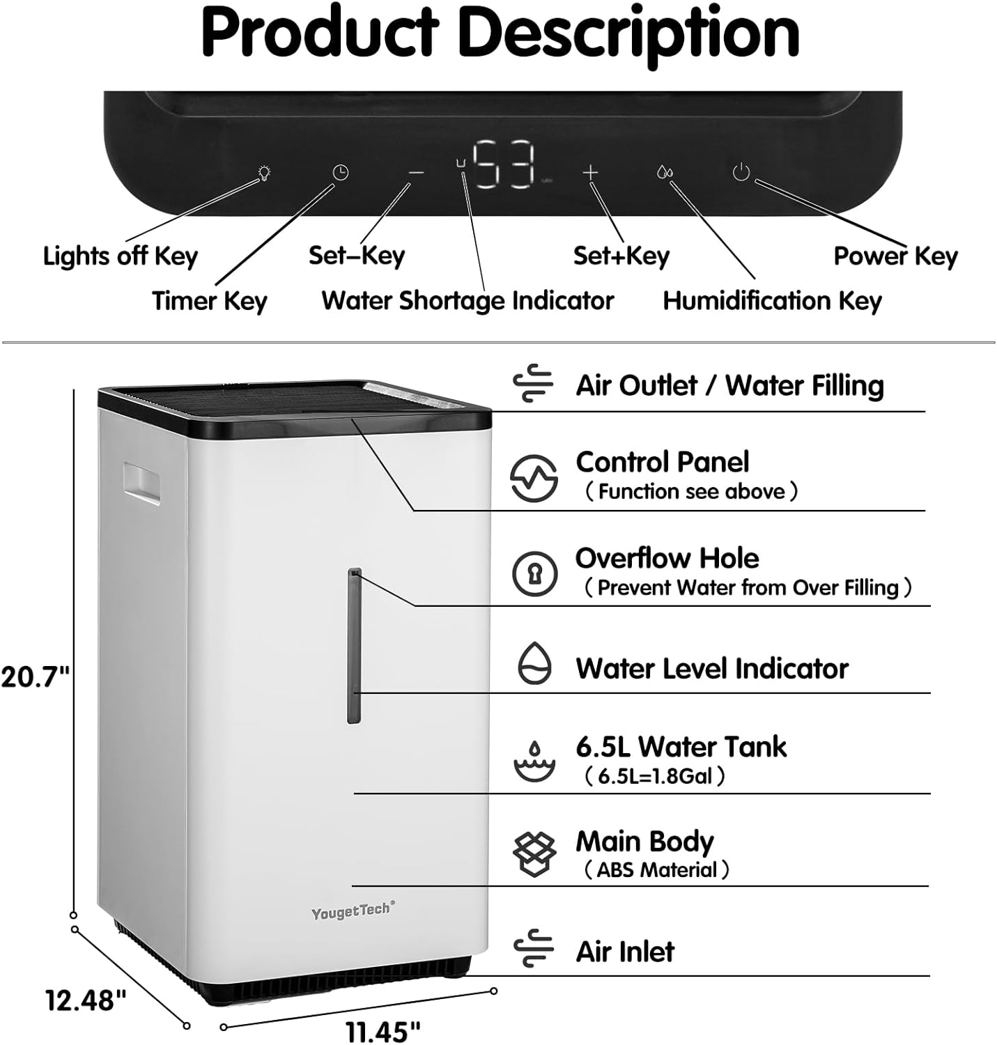 YougetTech Evaporative Humidifiers for Large Living Space, 6.5L(1.8Gal) Tank Whole Room Humidifier, 30W Cool No Mist Humidifiers, 7 Speed, MAX Output