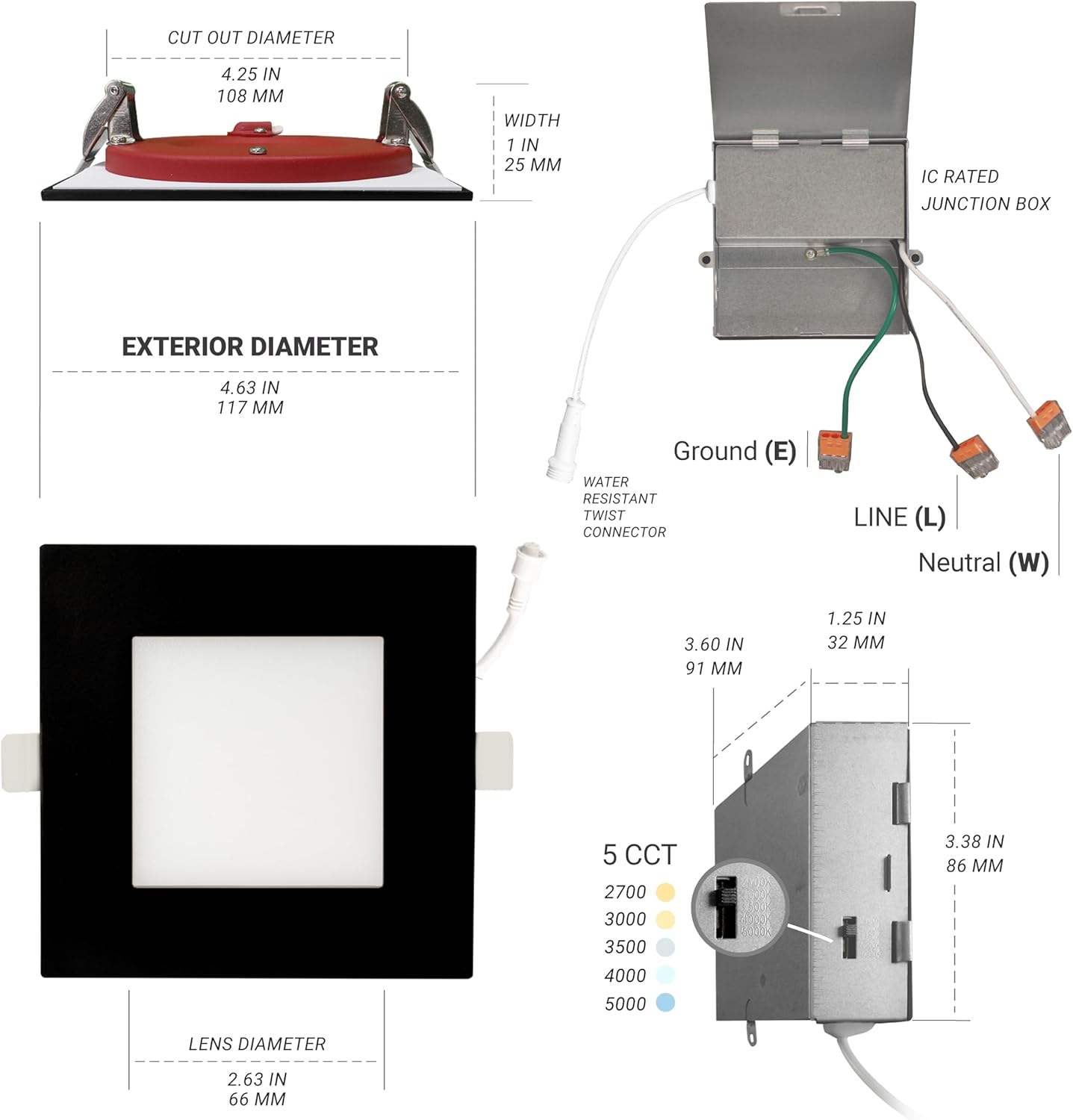 NUWATT 12 Pack, 4 Inch 2 Hour FIRE Rated LED Recessed Light, 2700K/3000K/3500K/4000K/5000K Selectable, 900 Lumen Dimmable, IC Rated, Square Black