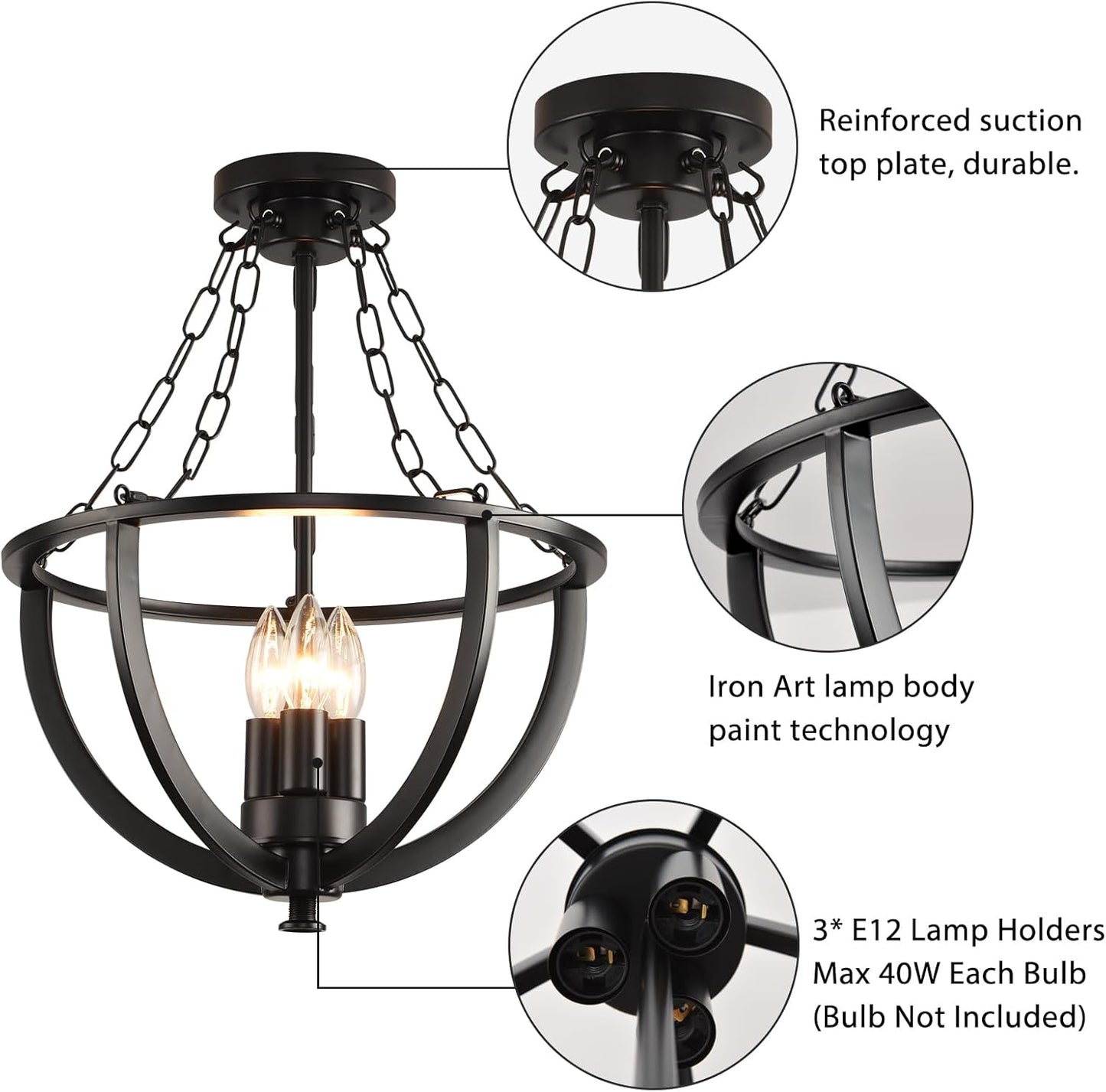 HENOSEHT Vintage 3 Lights Chandelier, Farmhouse RusticPendant Light Fixtures Wagon Wheel Ceiling Light with Adjustable Height Industrial Hanging